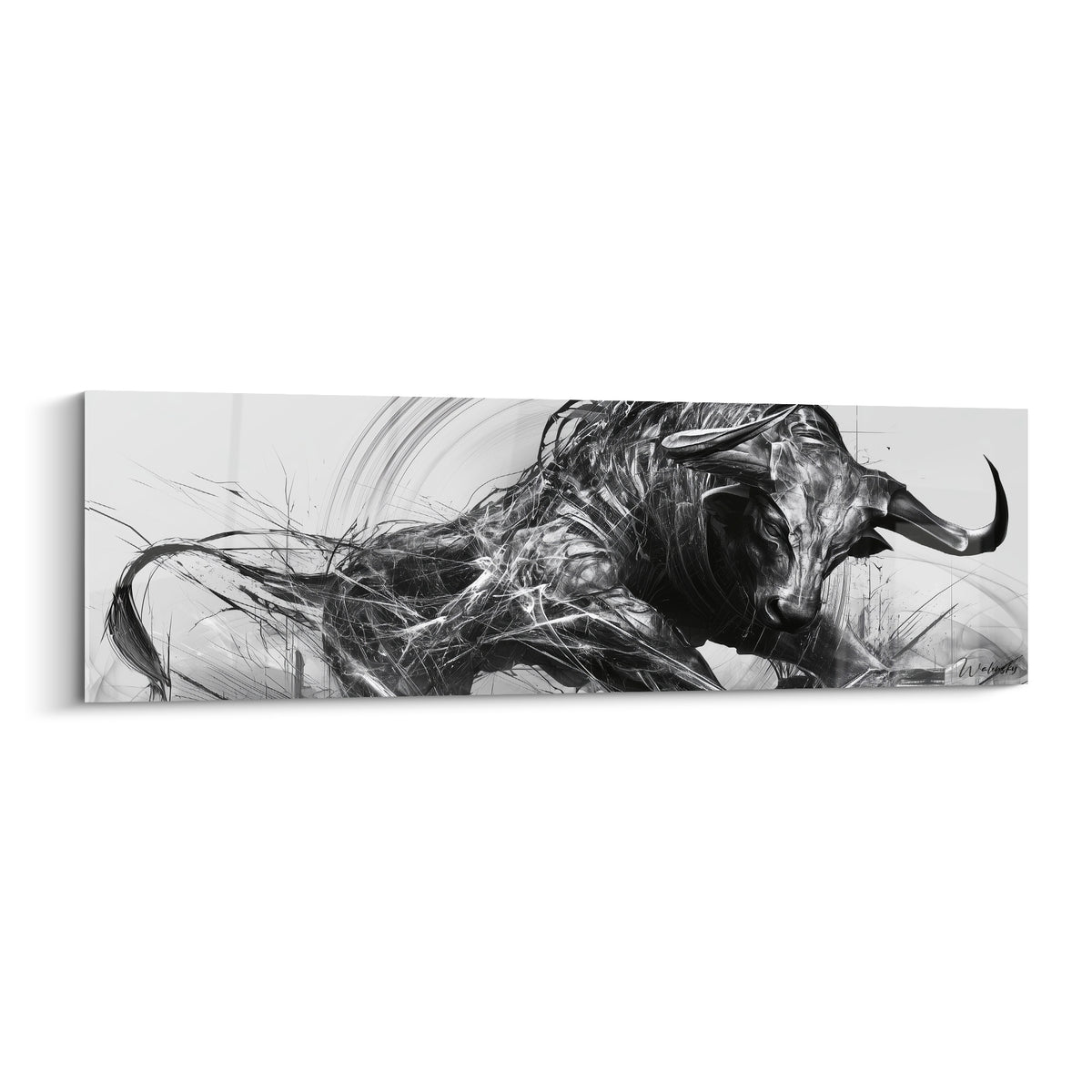 Taureau noir et blanc en pleine charge, cornes tendues, traits fracturés et anthracite sur fond clair