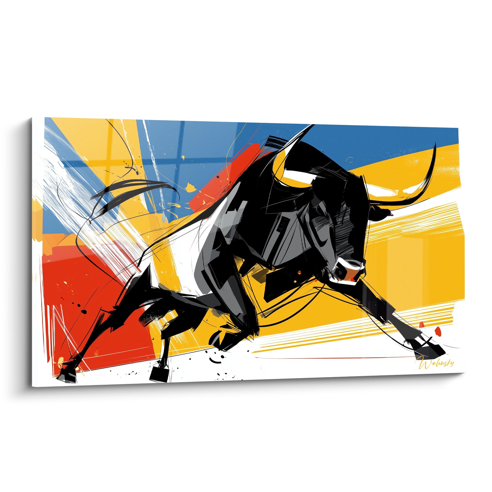 Taureau noir chargeant, cornes blanches, fond jaune et bleu éclatant en aplats graphiques