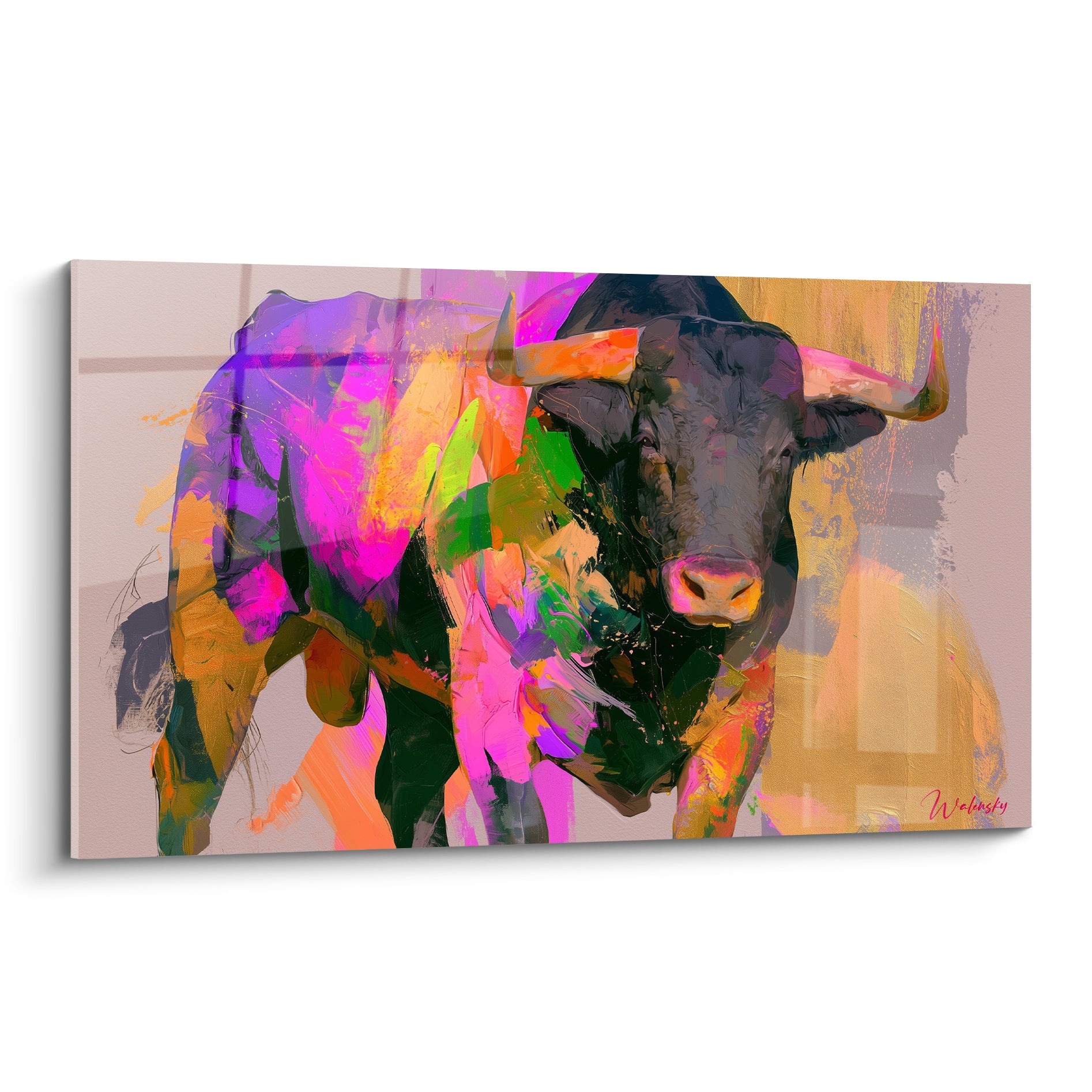 Taureau noir au museau détaillé, corps éclaté de magenta, orange et vert émeraude vibrants