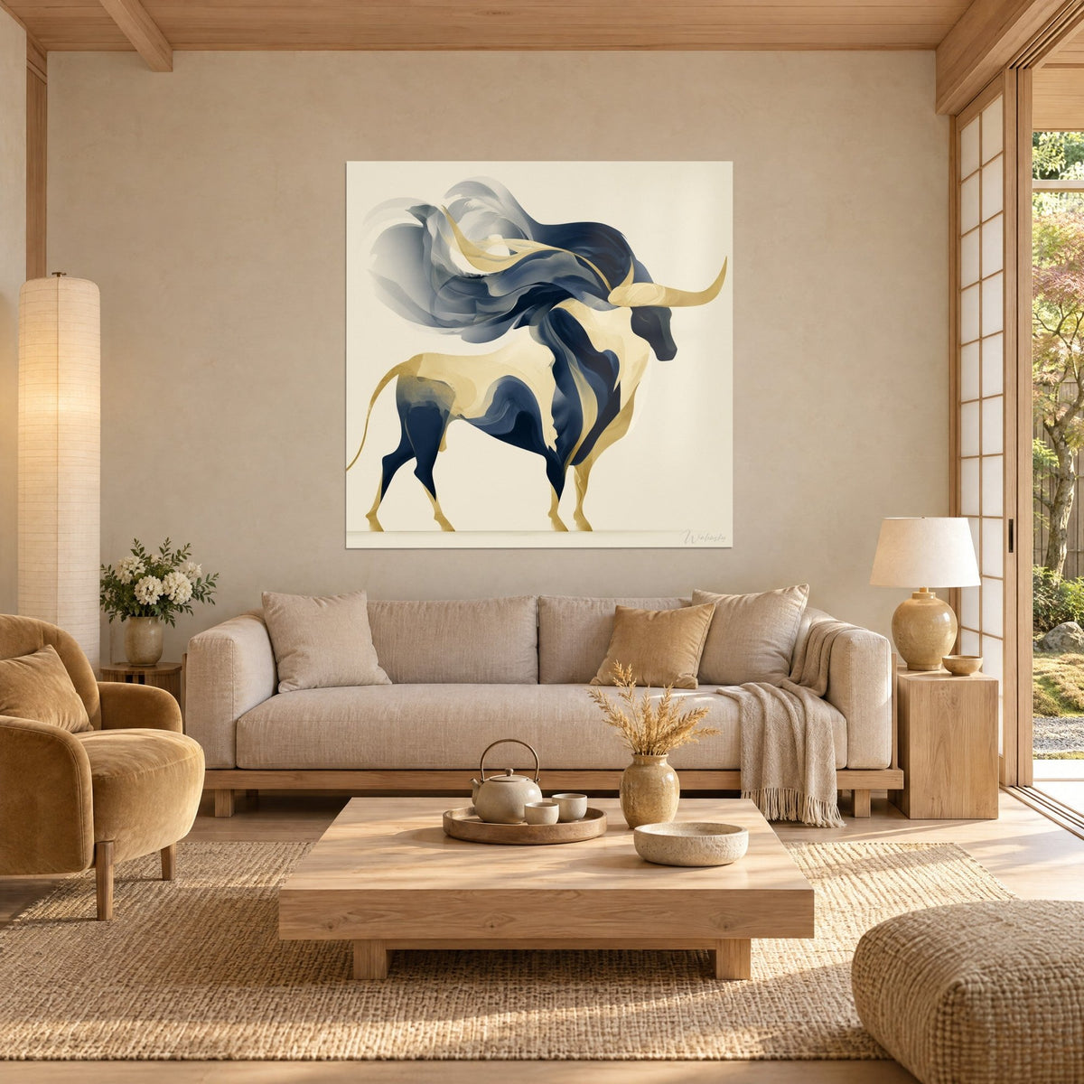 Quadro di un toro stilizzato con corna dorate e volute blu navy, sopra un divano in un soggiorno luminoso