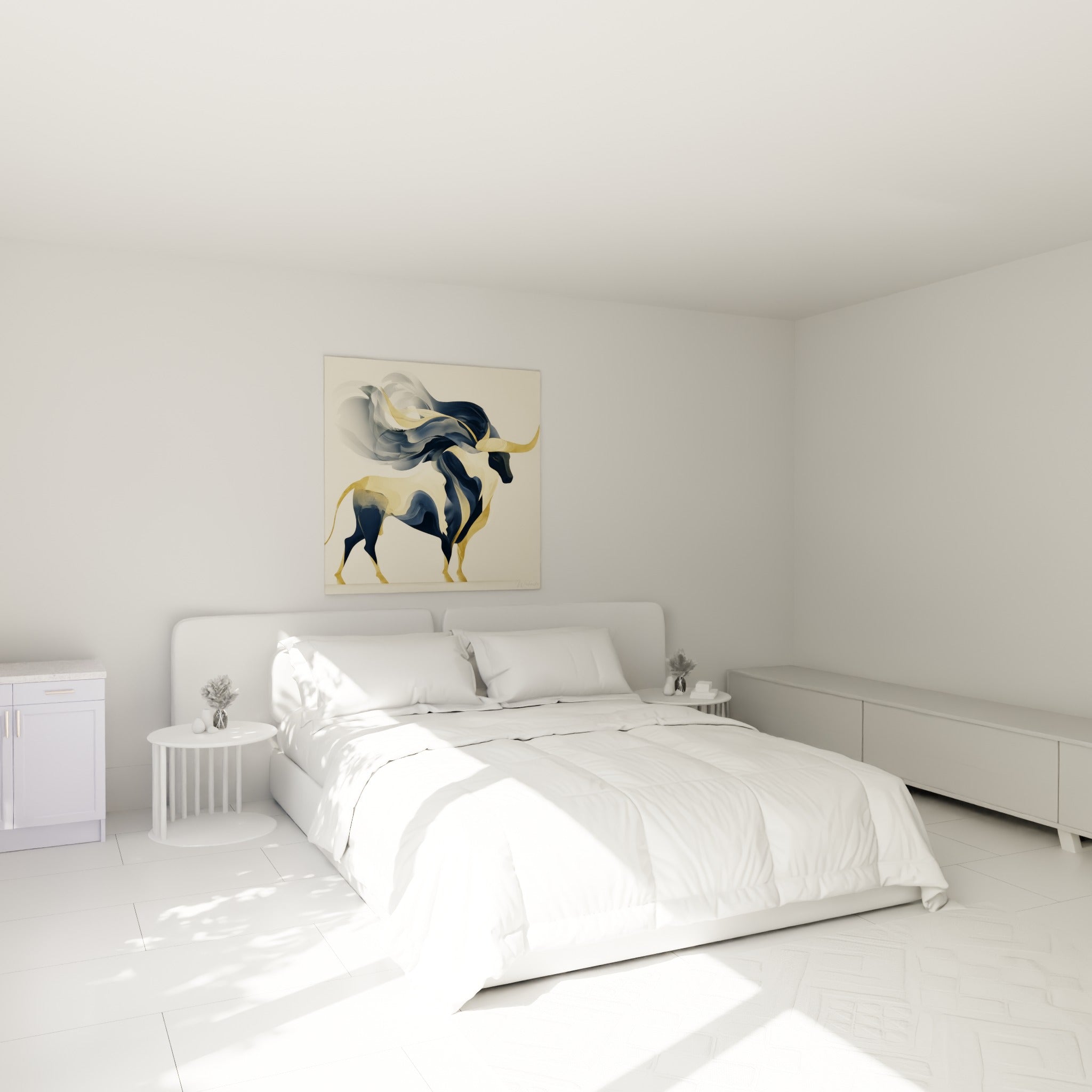 Silhouette de taureau ocre et anthracite accrochée au-dessus d'un lit dans une chambre claire