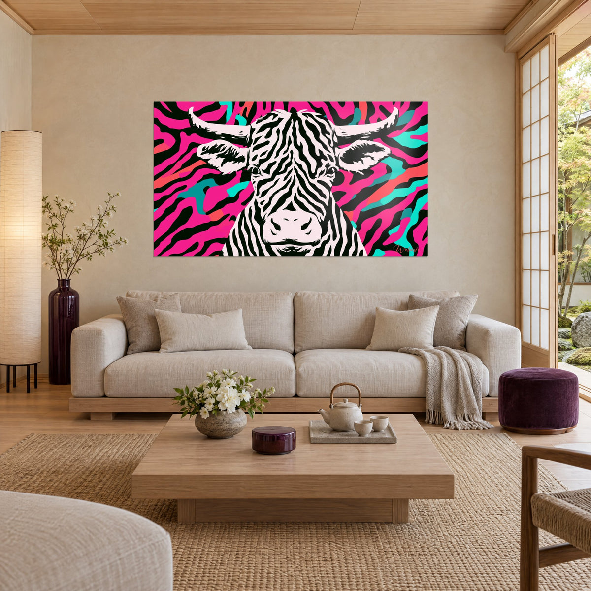 Wall art zebra-striped bull with pink muzzle, ivory horns, fuchsia and turquoise background, hanging above a sofa in a bright living room