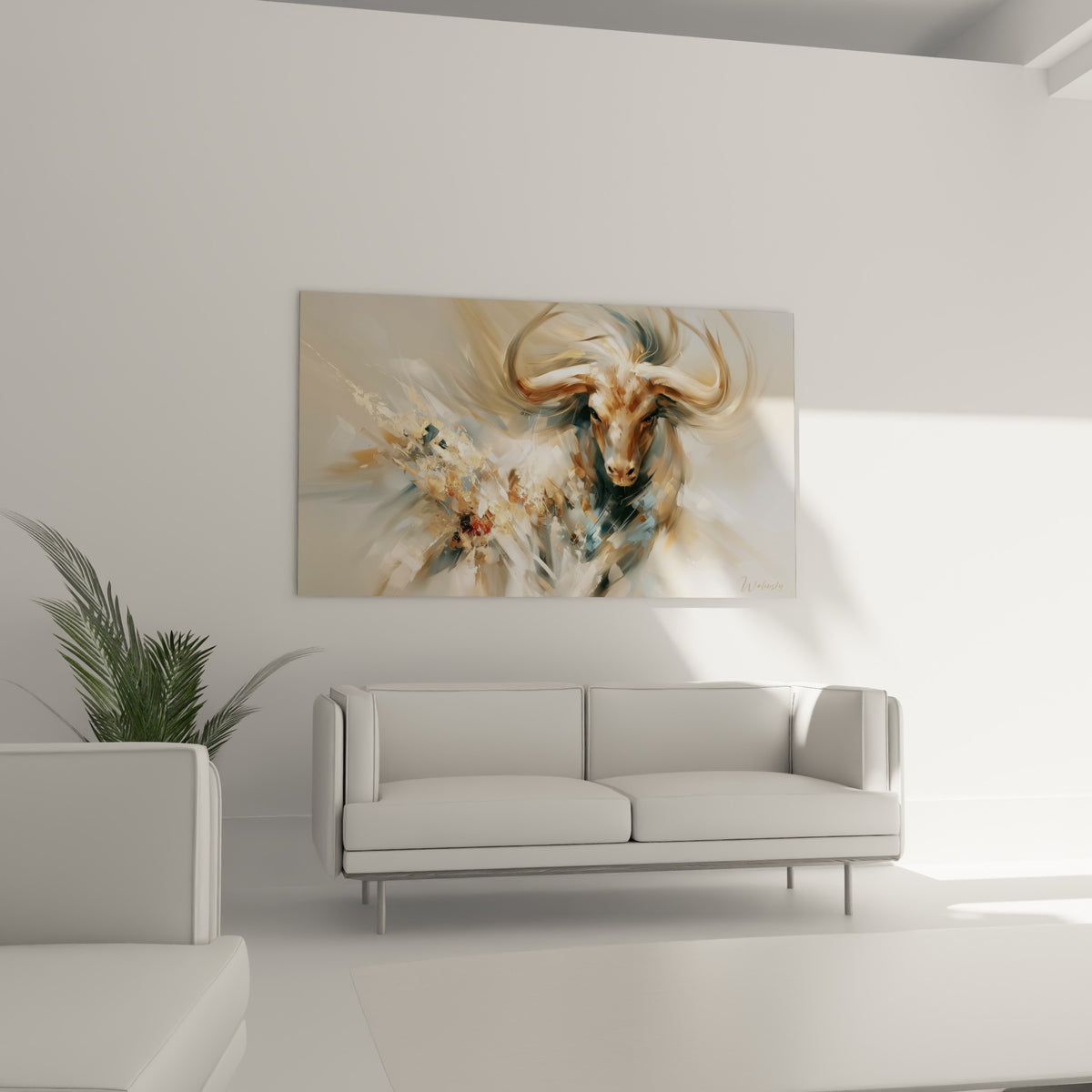 Regard frontal du taureau anthracite et beige, matière éclatée dorée, au-dessus d'un canapé dans un salon lumineux