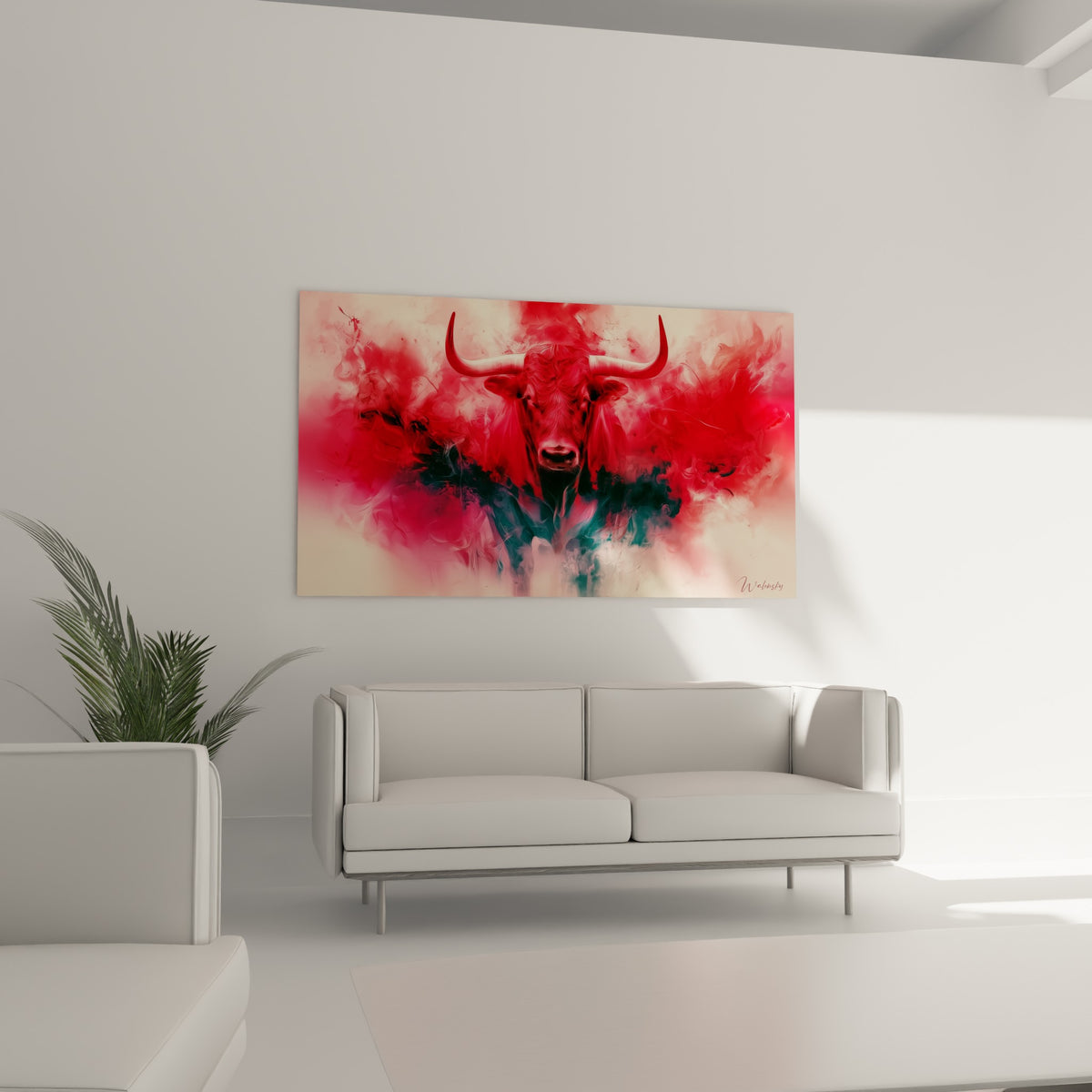 Regard perçant d'un taureau rouge et anthracite dans un nuage ardent, au-dessus d'un canapé dans un salon lumineux