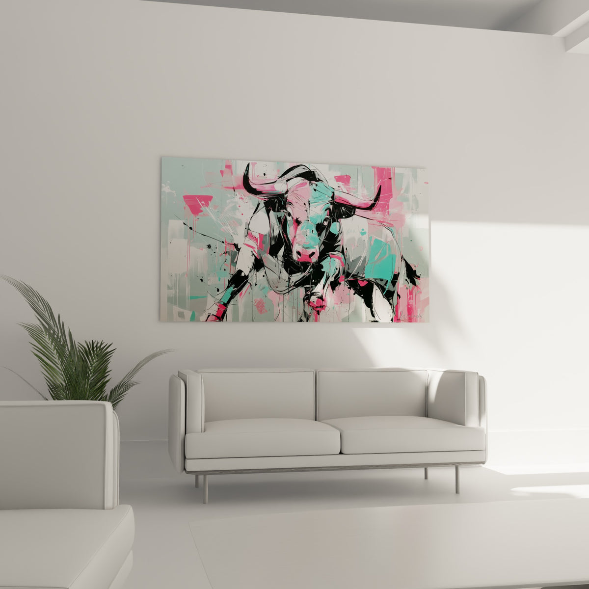 Taureau anthracite et rose vif, regard intense cerclé de noir, au-dessus d'un canapé dans un salon lumineux