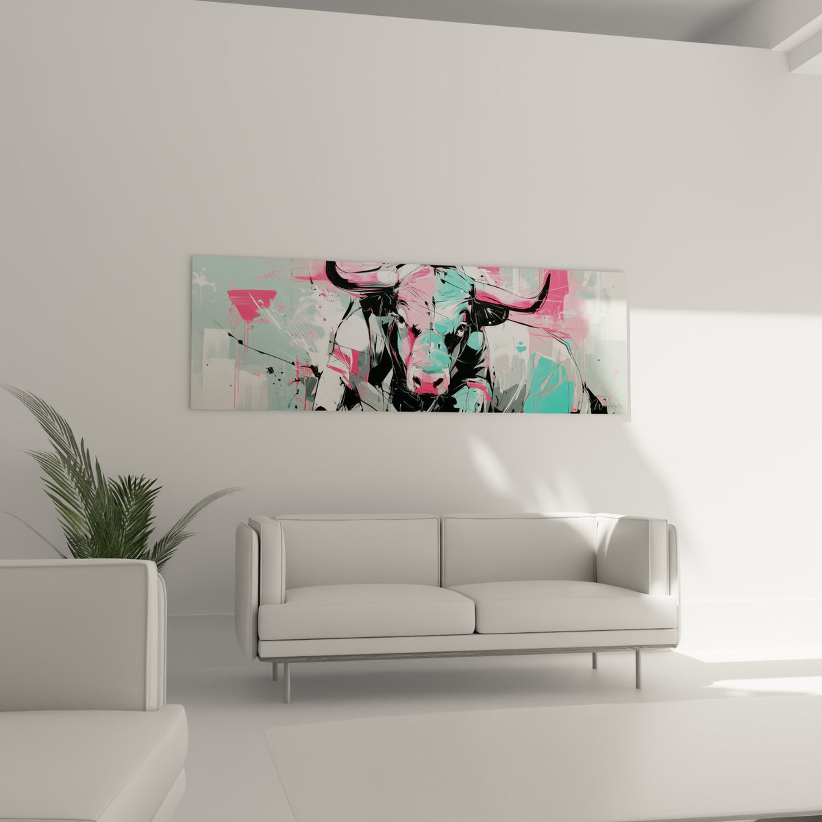 Regard intense et pelage vert menthe de ce Taureau au-dessus d'un canapé dans un salon lumineux