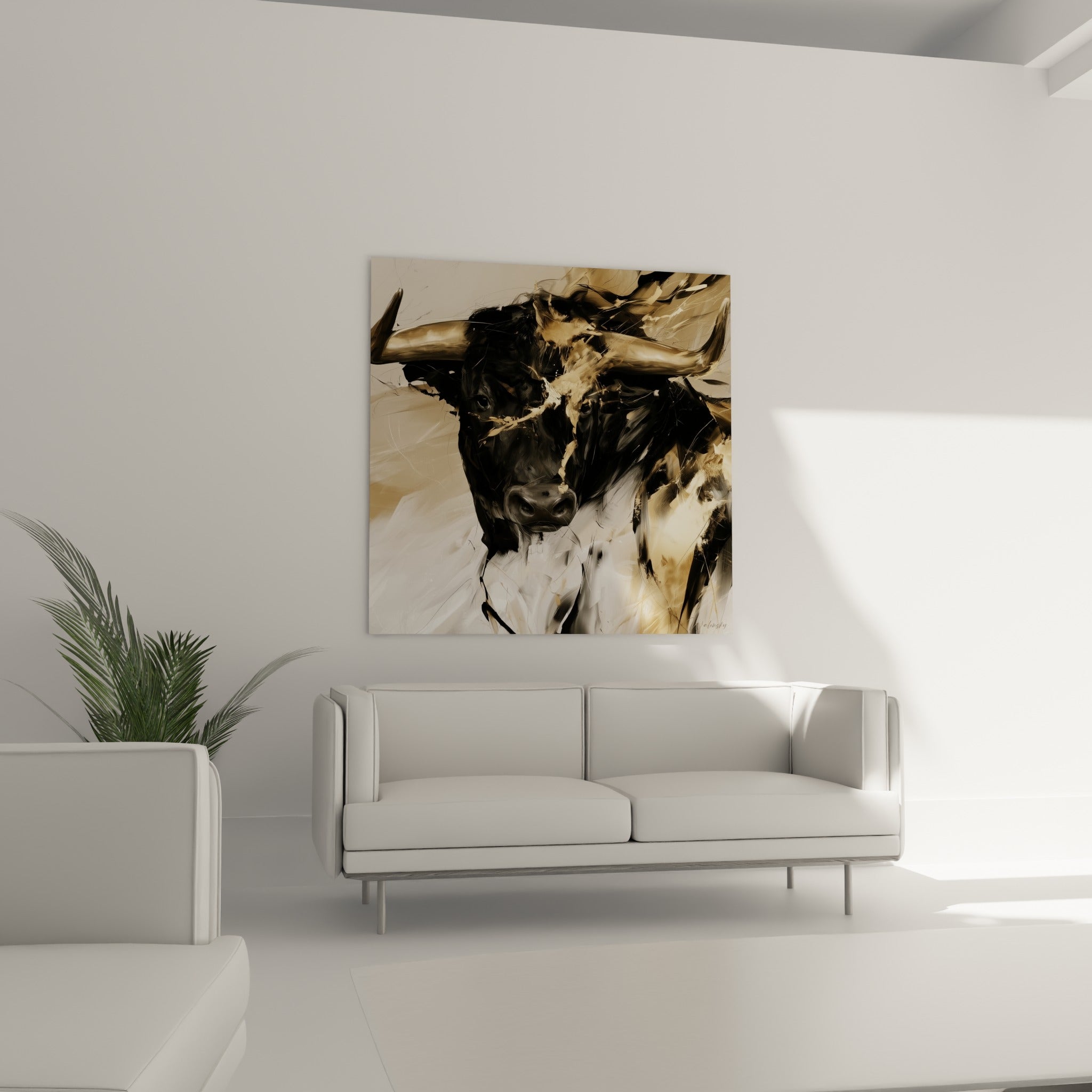 Regard intense du taureau noir cerné d'éclats dorés et blancs, au-dessus d'un canapé dans un salon lumineux