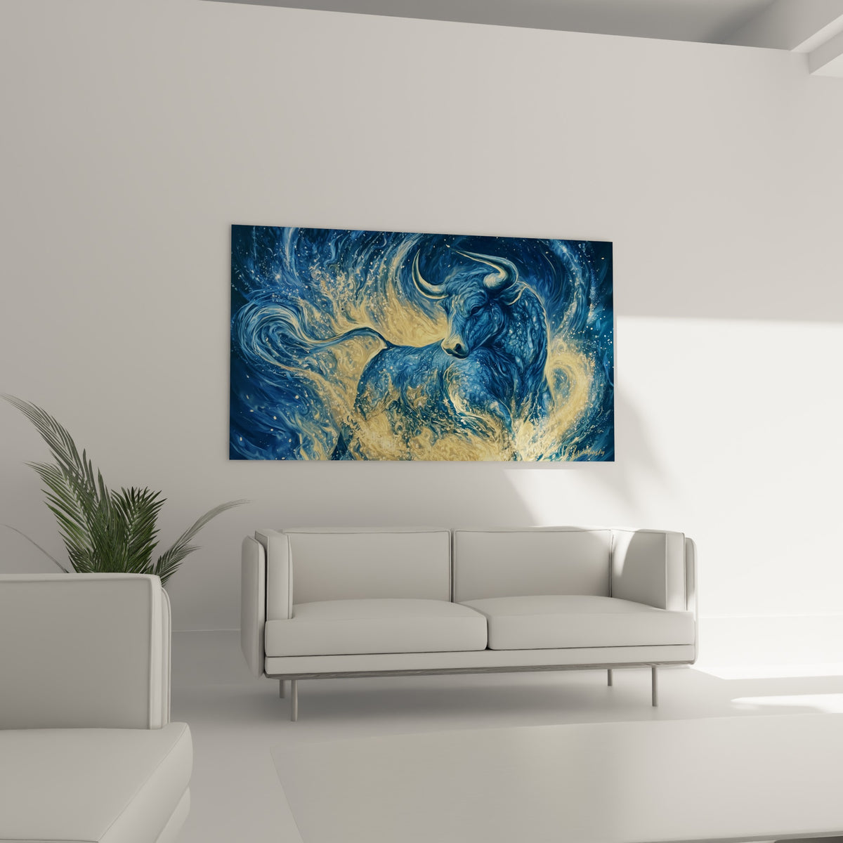 Regard paisible du taureau émergeant d'un tourbillon bleu et or, au-dessus d'un canapé dans un salon lumineux