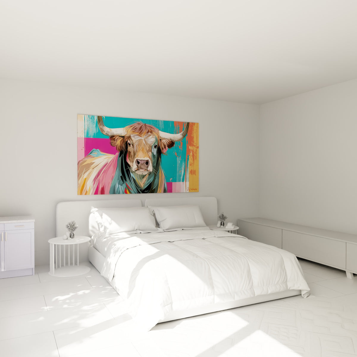 Cornes larges et pelage brun du taureau coloré, accroché au-dessus d'un lit dans une chambre claire