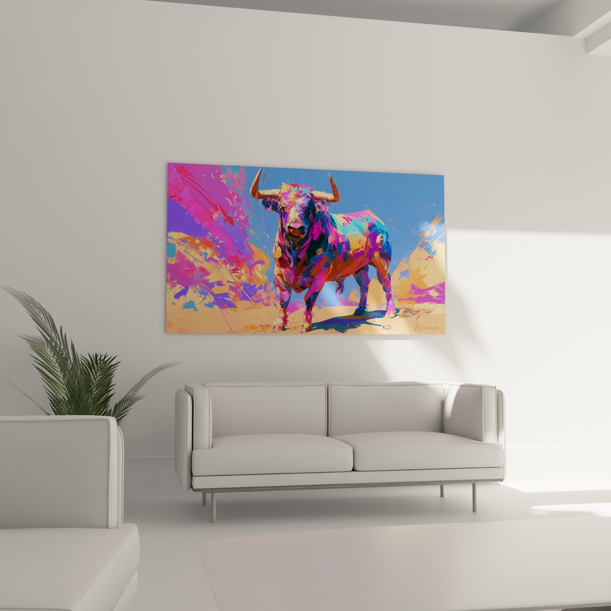 Animal puissant peint en bleu et rose vibrant, au-dessus d'un canapé dans un salon lumineux