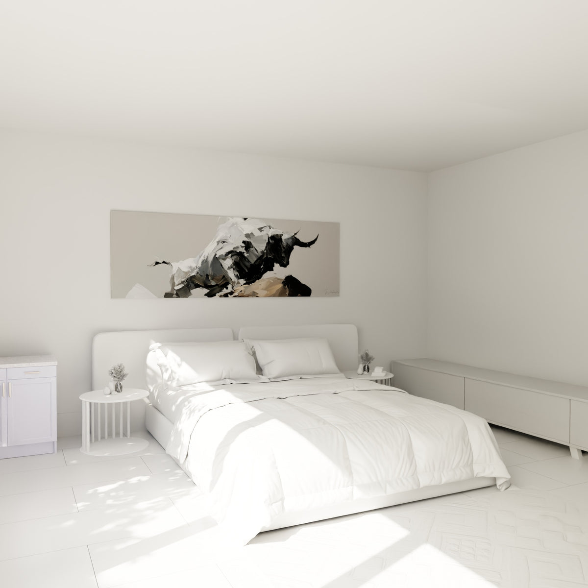 Silhouette de taureau noir et sable au-dessus d'un lit dans une chambre claire