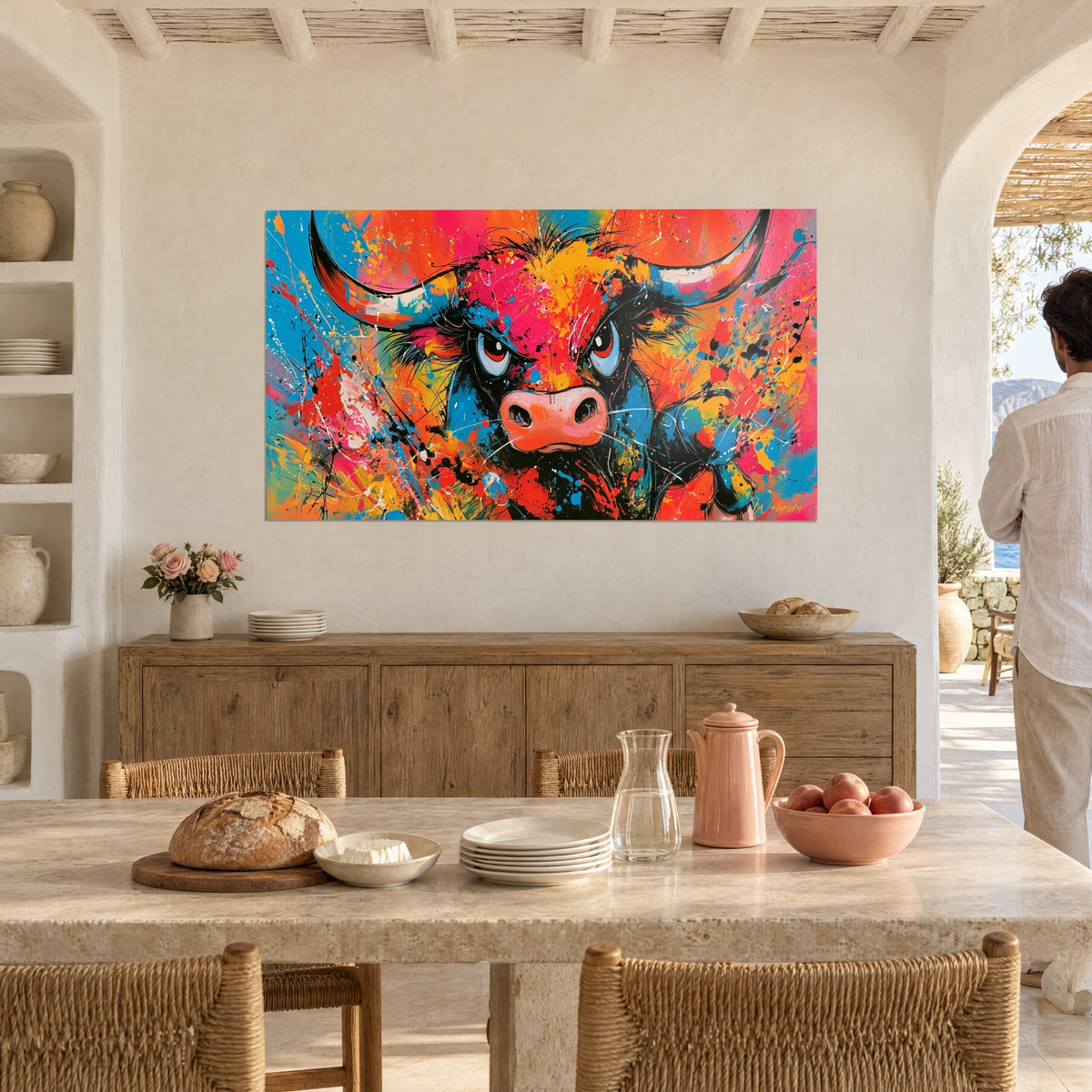 Cuadro de búfalo pop art con manchas amarillo sol y fucsia, mirada negra y azul, en la pared de un comedor mediterráneo abovedado