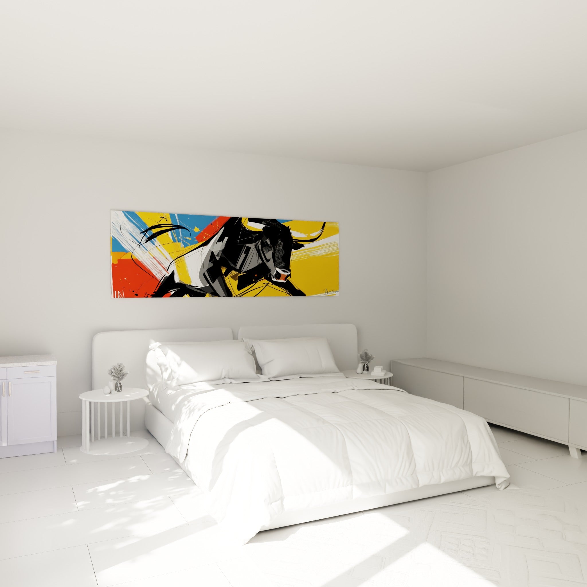 Silhouette de taureau noir et jaune vif, accrochée au-dessus d'un lit dans une chambre claire
