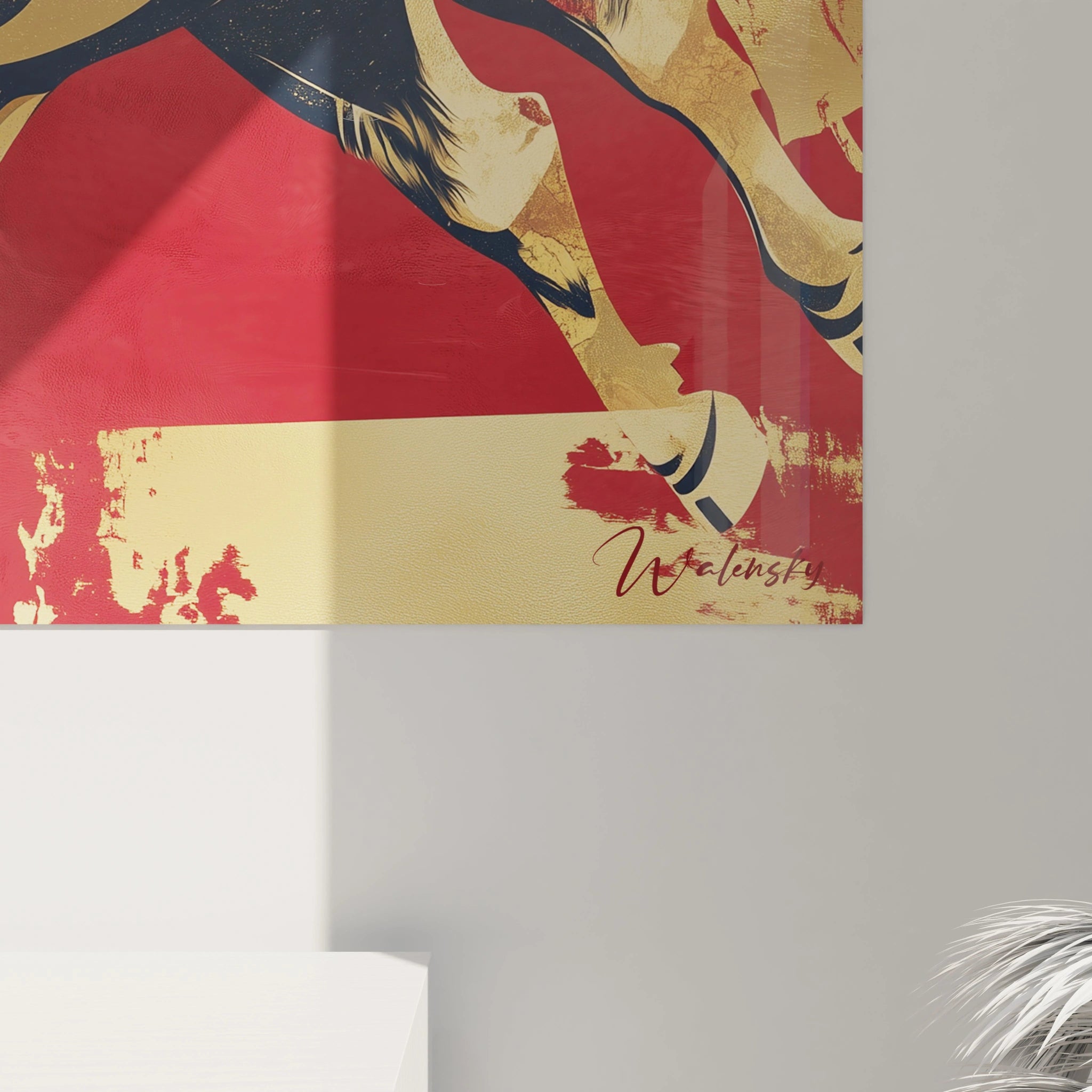 Tableau taureau Walensky en style moderne avec couleurs rouge, beige et bleu accroché sur un mur gris