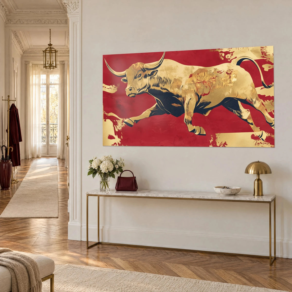 Gemälde eines Rindes auf Goldfolie mit nachtblauen Falten, Galopp durch vermilionrote Spritzer, dreiviertel Ansicht, Flurkonsole