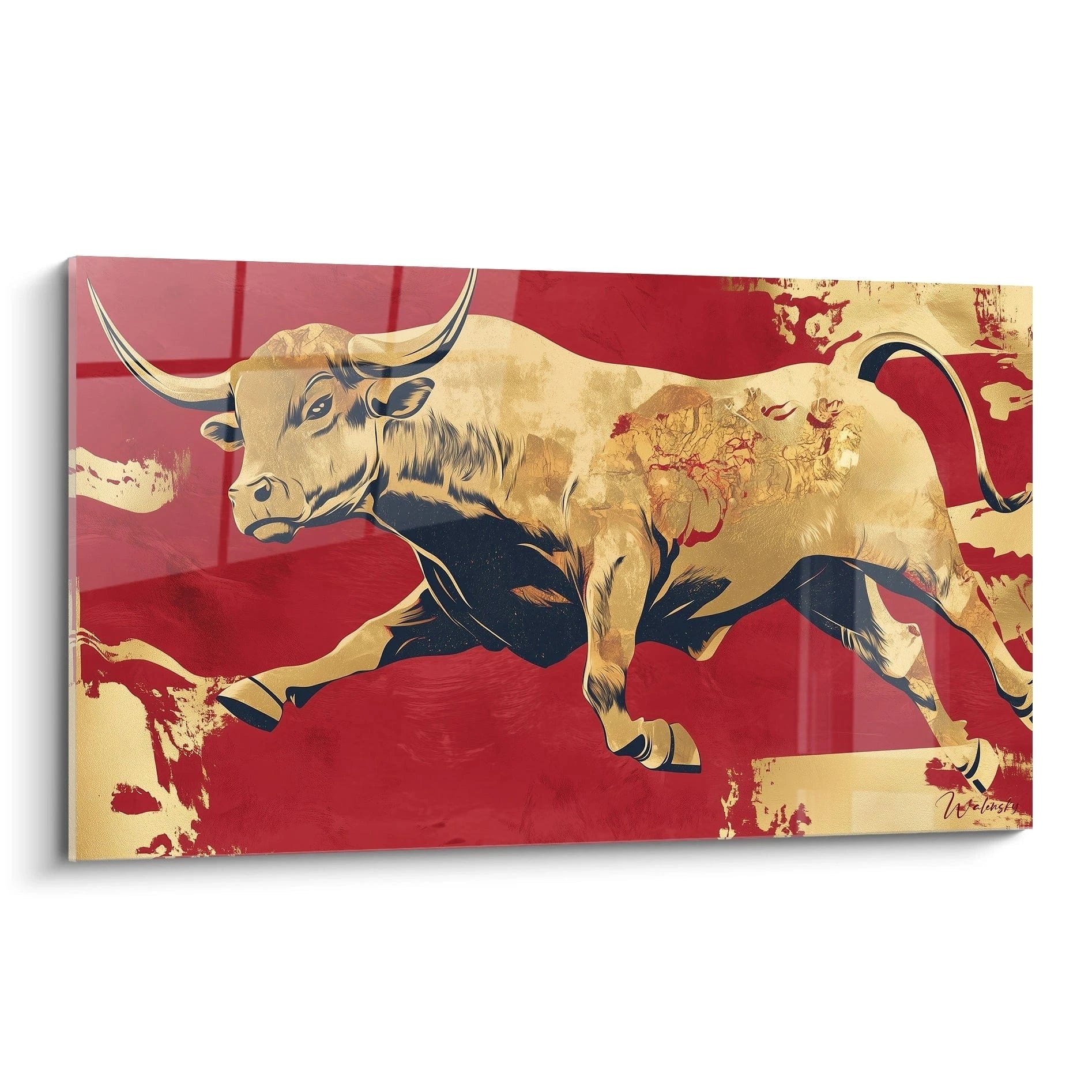 Tableau taureau doré en mouvement sur fond rouge et beige par Walensky