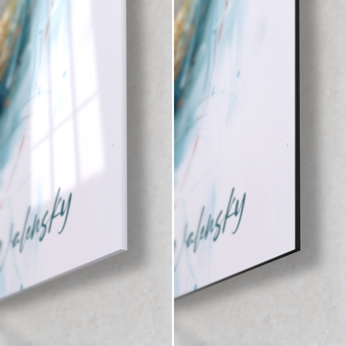 Tableau taureau turquoise, coin bas droit : verre acrylique brillant à reflets, Dibond noir mat, signature Walensky bleu nuit