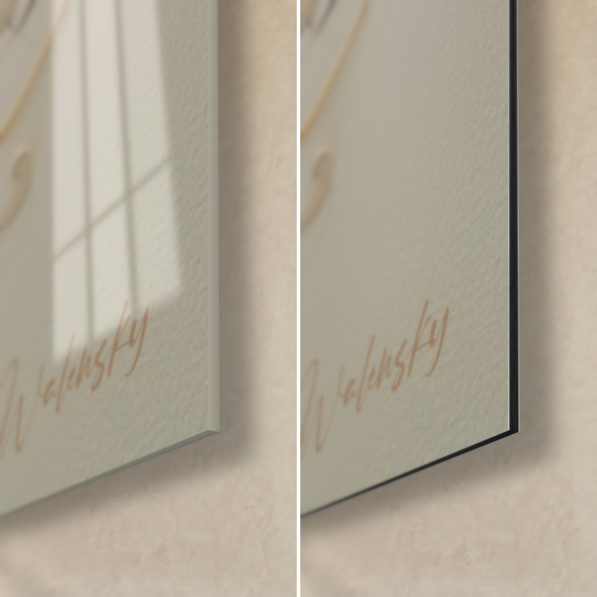 Quadro bovino con volute crema e nere, angolo in basso a destra: vetro acrilico lucido a sinistra, Dibond opaco a destra, bordo da 3 mm