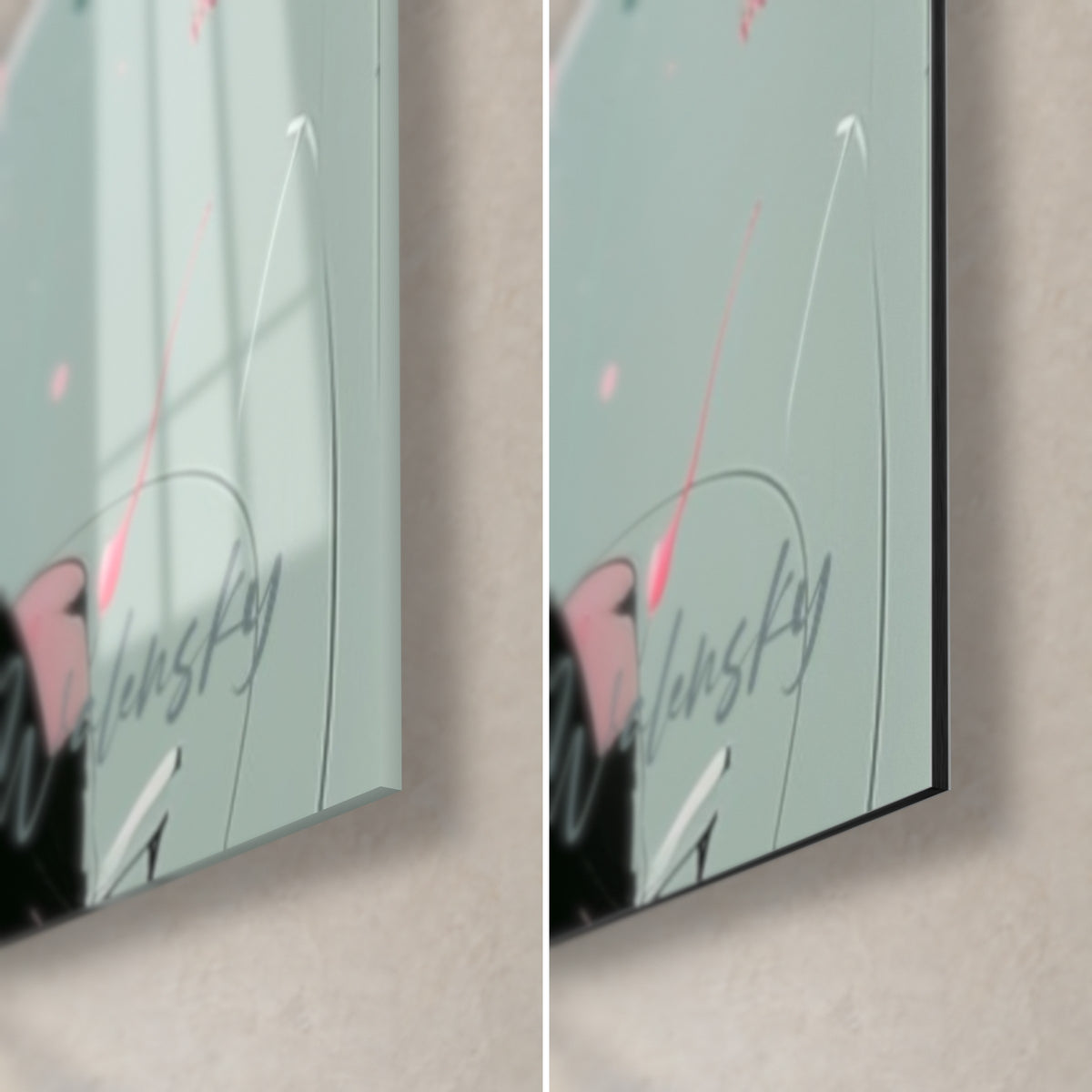 Quadro bufalo in rosa e menta, angolo in basso a destra: firma Walensky, vetro acrilico lucido a sinistra, Dibond nero opaco a destra