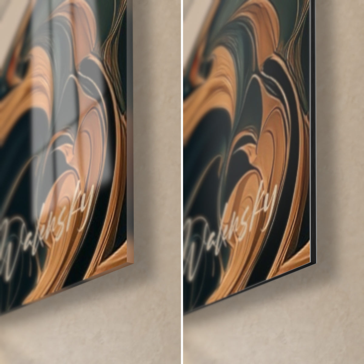Wall art bull charge in copper and black arabesques, bottom right corner: glossy acrylic glass on the left, matte Dibond on the right, 3 mm edge