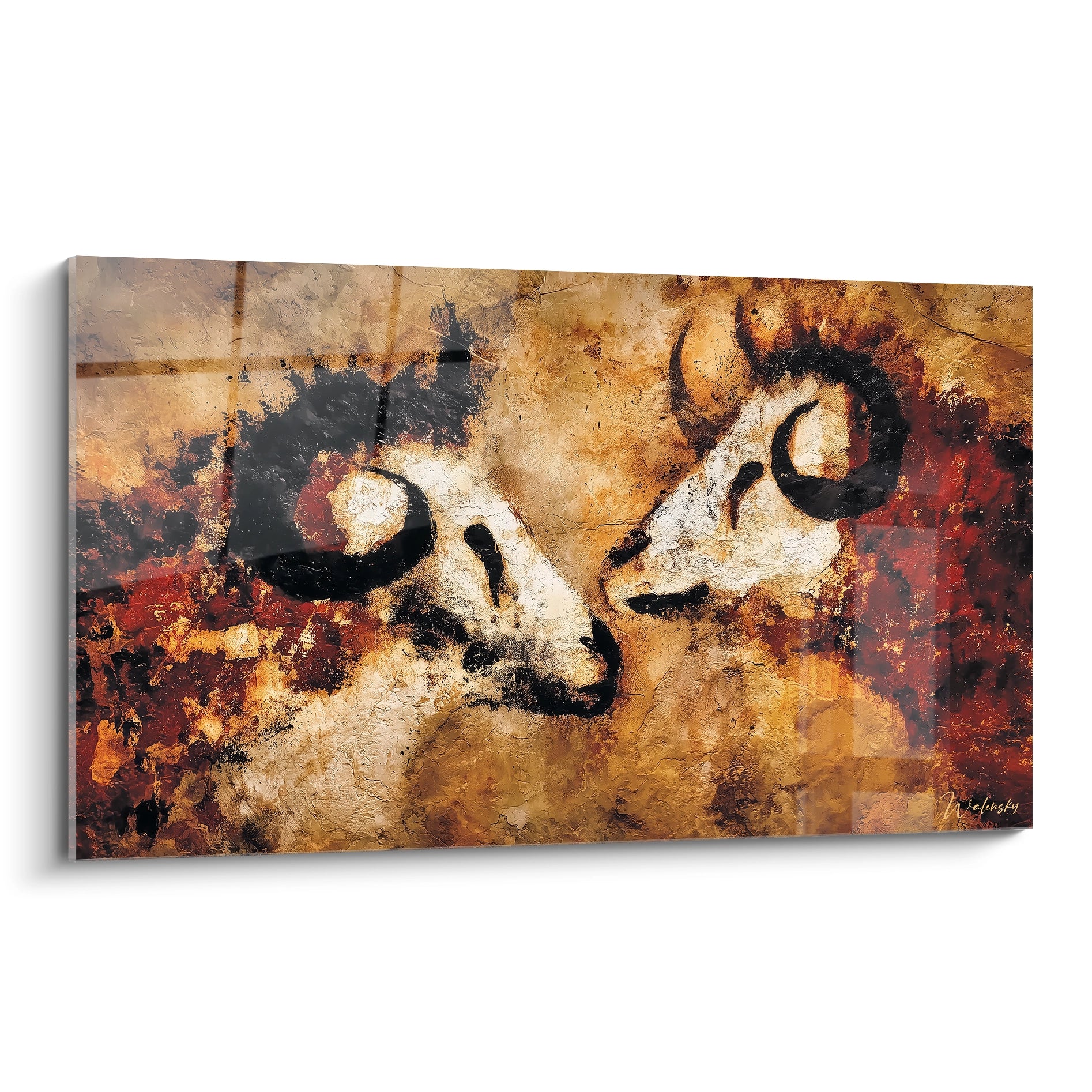 Tableau mural art pariétal taureaux primitifs style Lascaux tons ocre rouge décoration préhistorique moderne