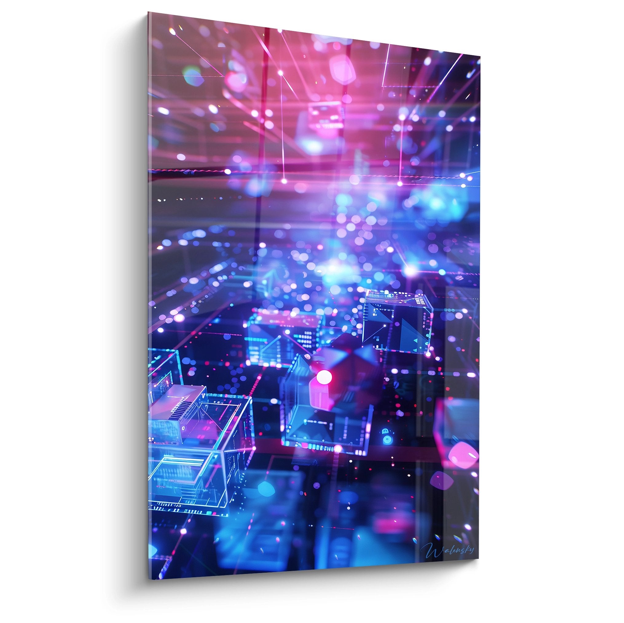 Tableau mural technologie quantique avec effets lumineux roses et bleus, art futurisme abstrait cybernétique