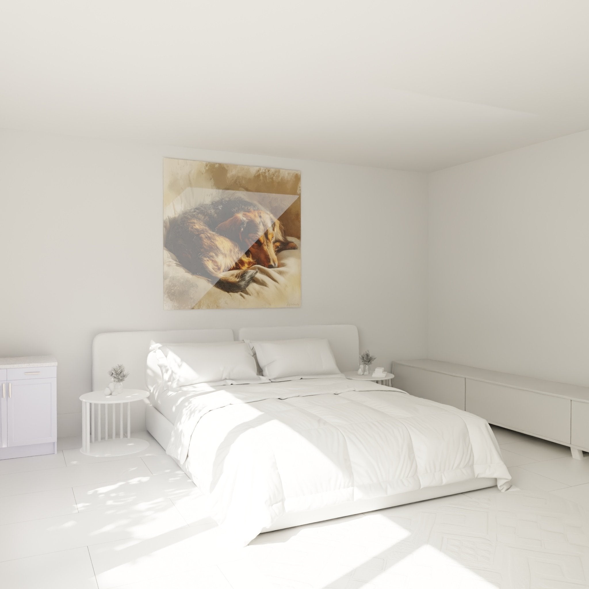 Tableau teckel endormi chambre decoration murale ambiance chaleureuse tons terreux