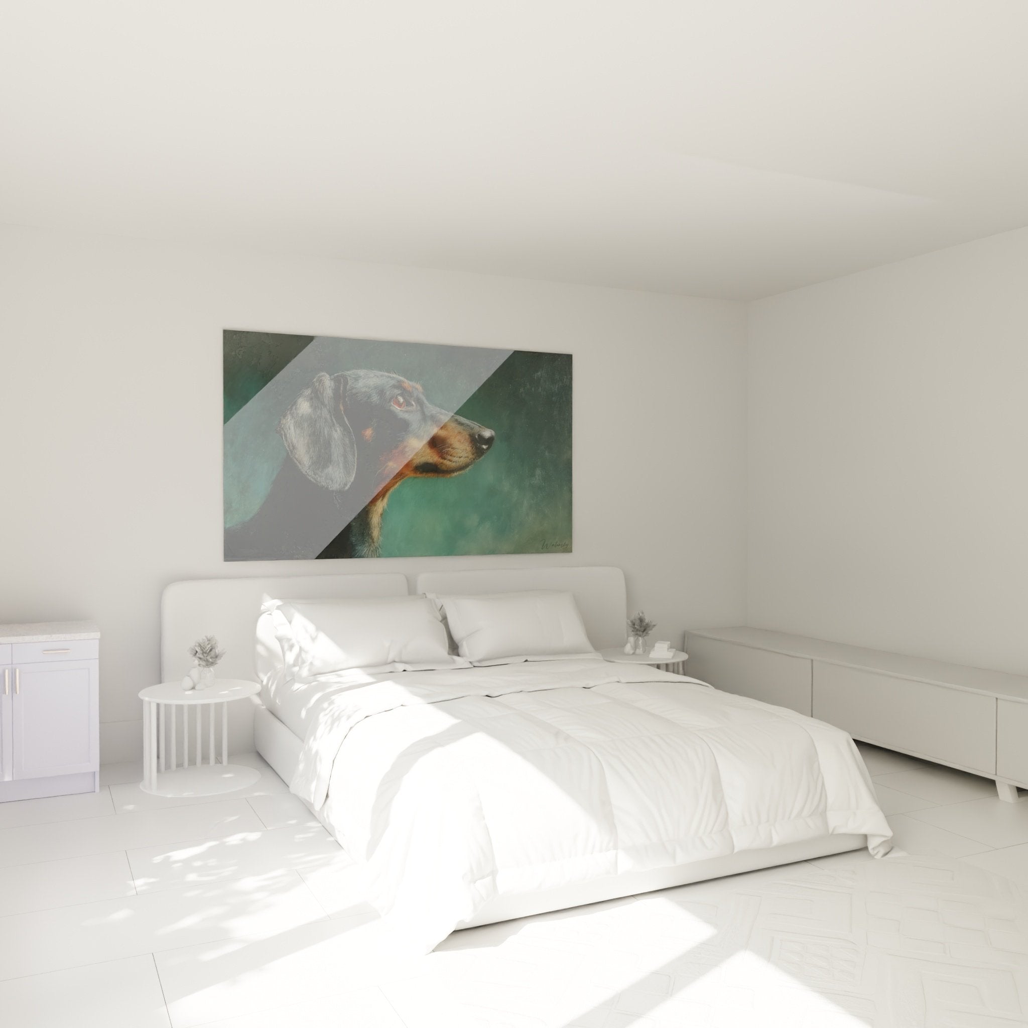 Tableau teckel portrait canin chambre decoration murale ambiance apaisante tons turquoise noir roux