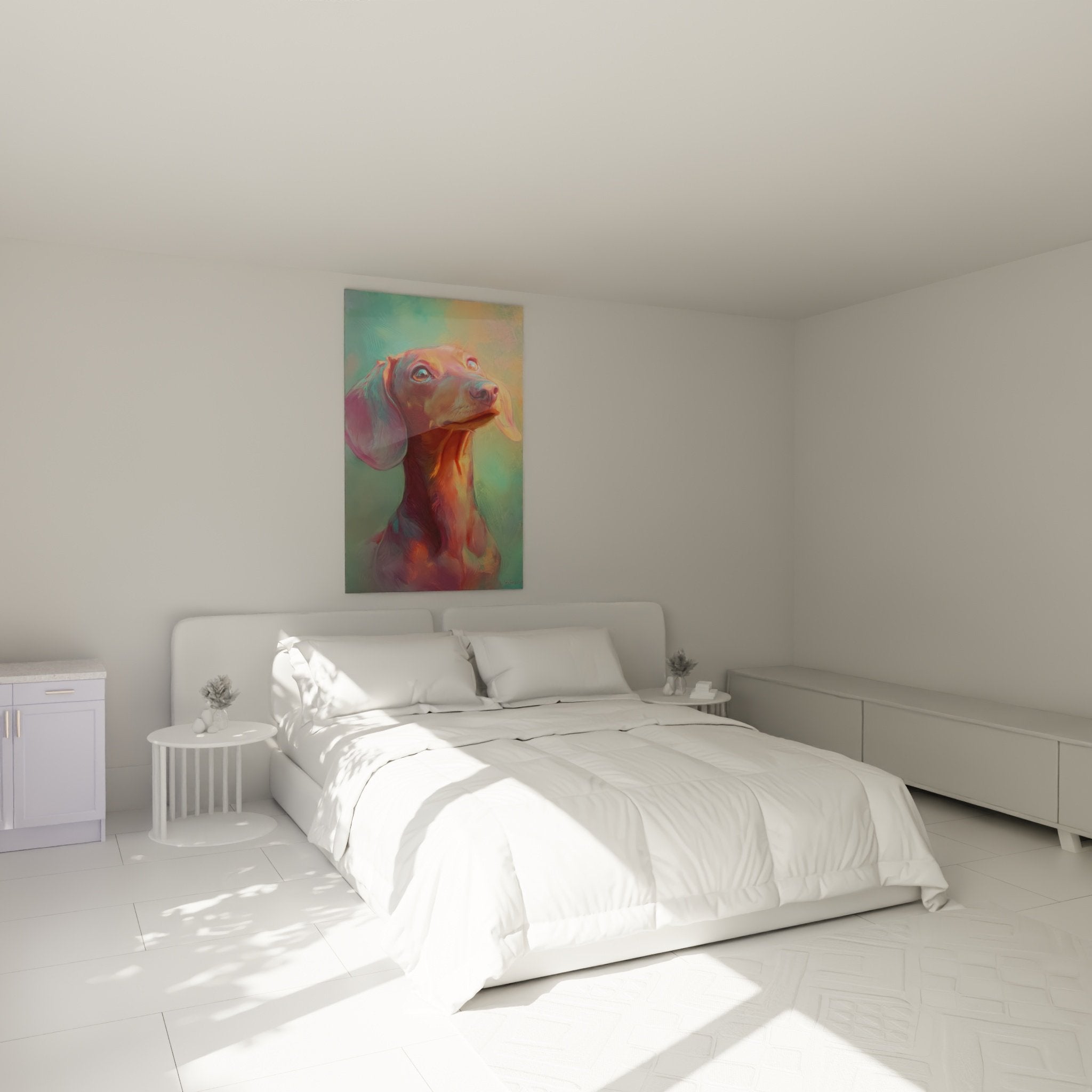 Tableau teckel coloré dans chambre moderne, décoration murale artistique, ambiance chaleureuse