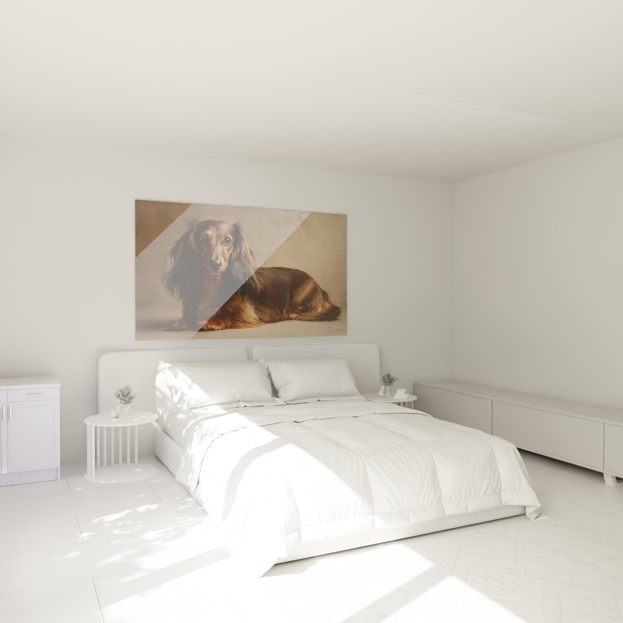 Tableau teckel chocolat yeux bleus accroche au mur chambre decoration murale chien poil long