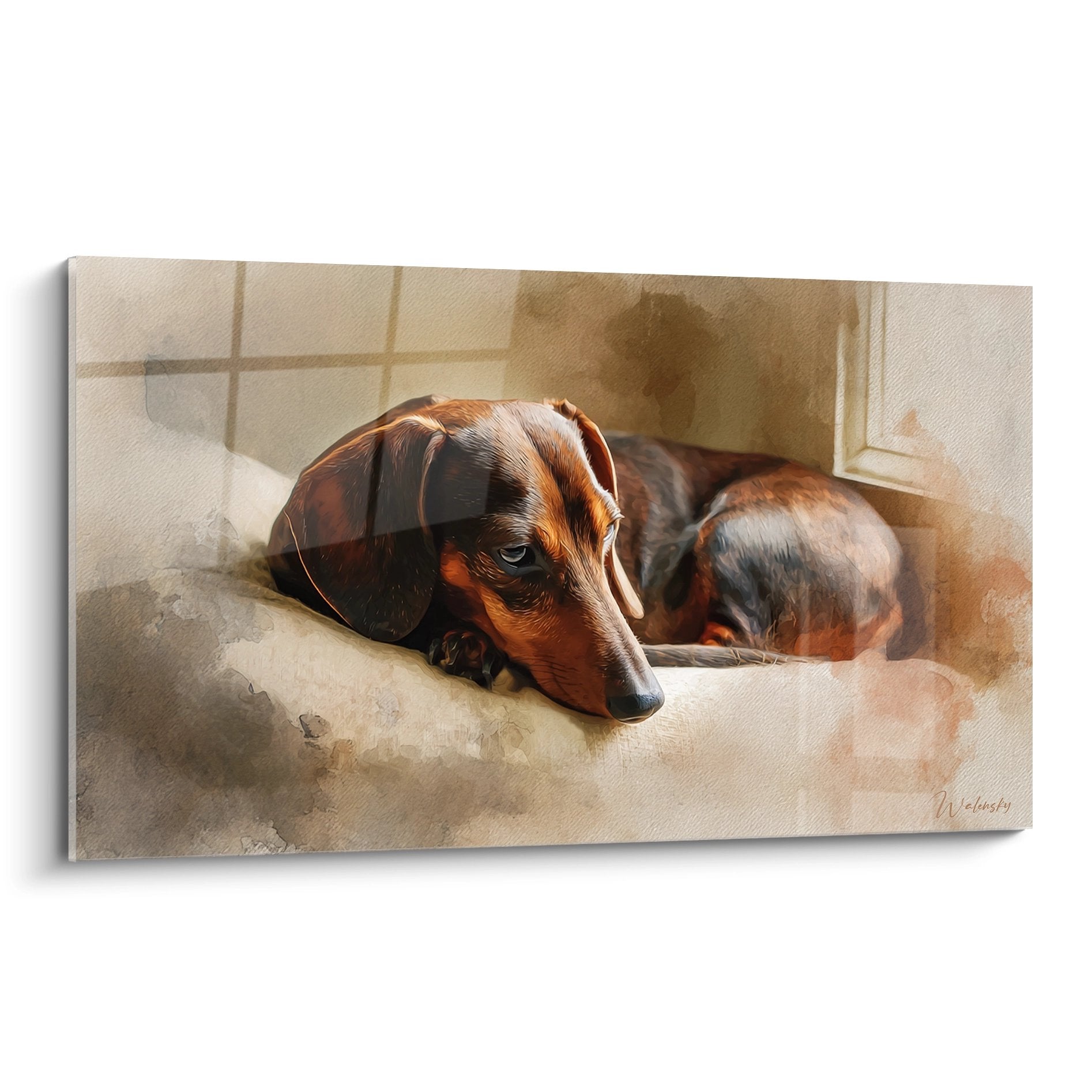 Watercolor dachshund sleeping painting copper brown tones on white cushion peaceful canine art
