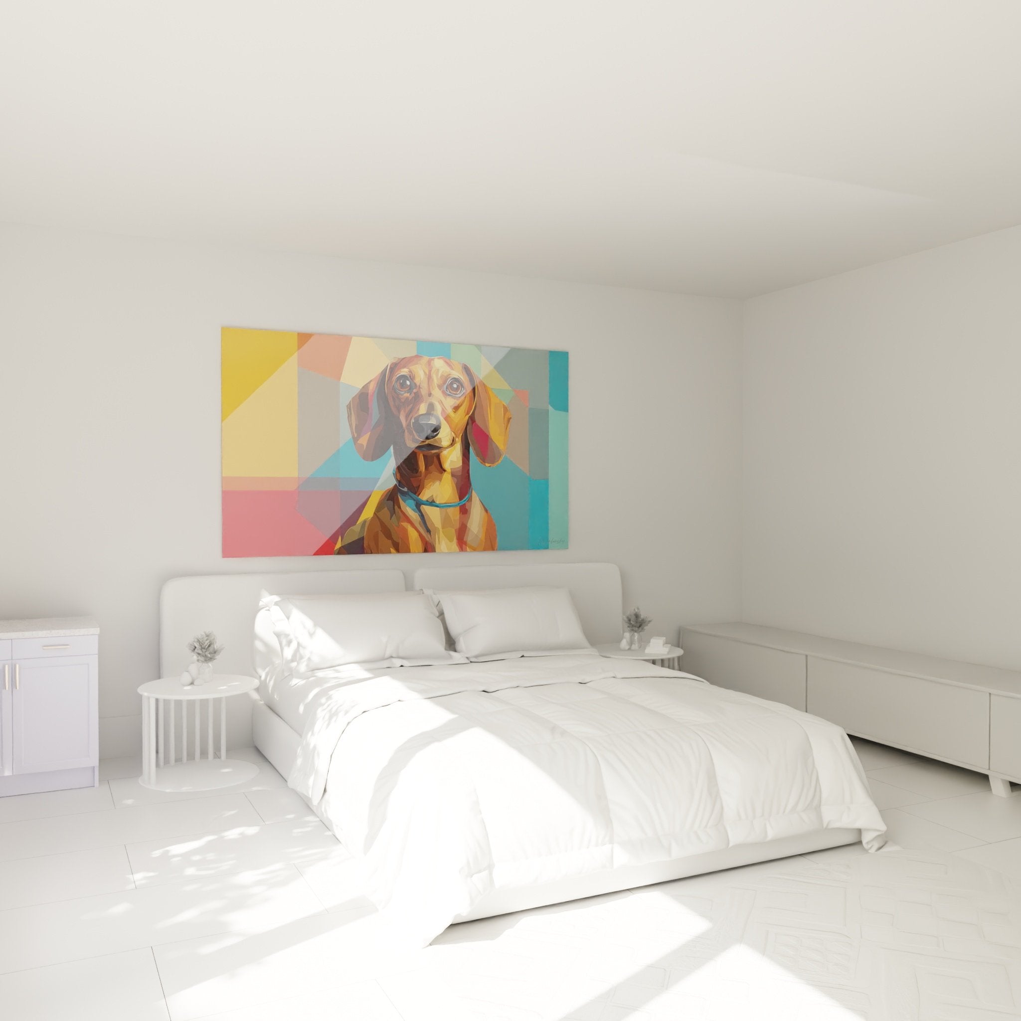 geometrisches buntes Dackel-Gemälde im modernen Schlafzimmer Wanddekoration künstlerisches Hundeporträt