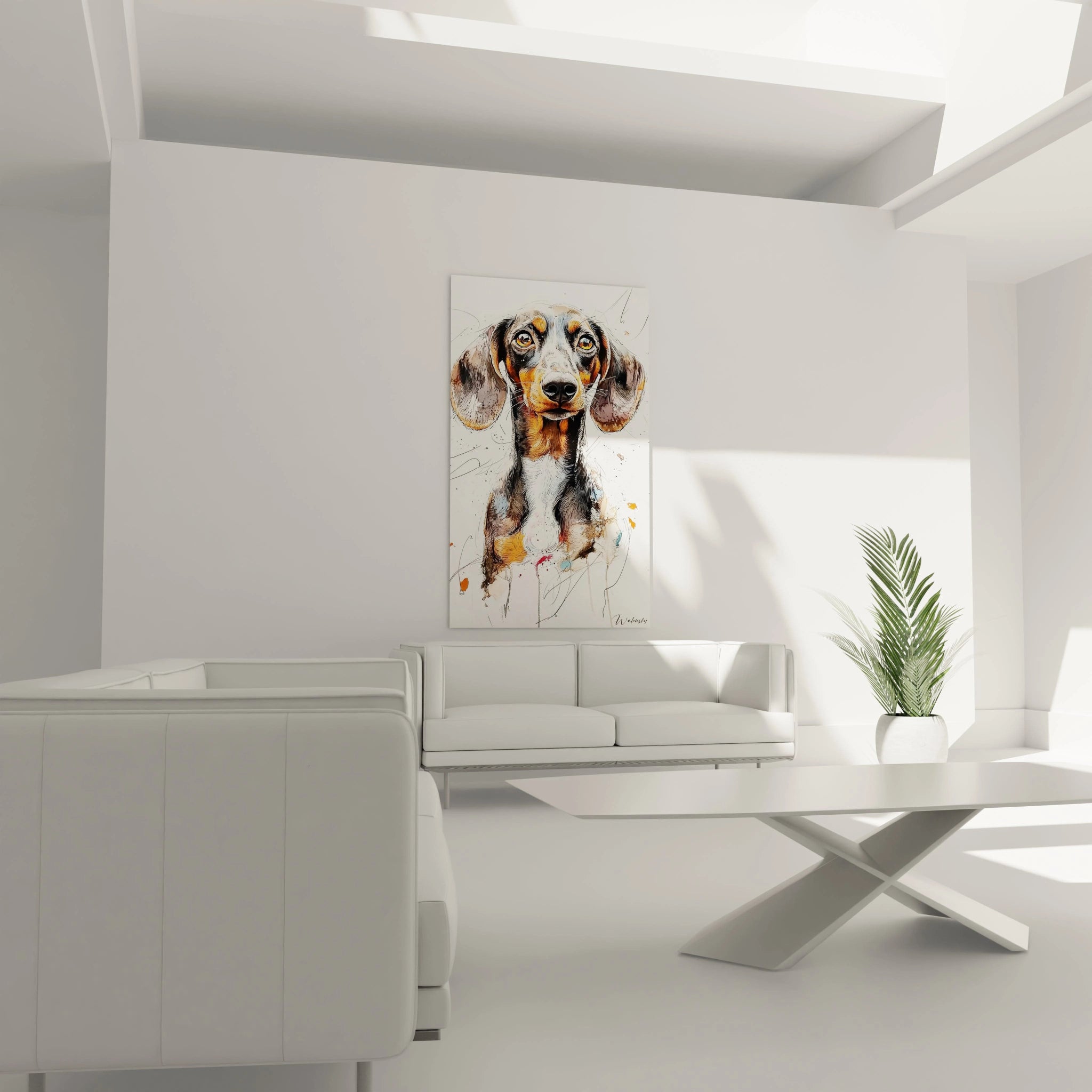 Un tableau teckel détaillé montrant la tête et le haut du corps d'un chien aux yeux ambrés. Réalisé en technique mixte avec des teintes marron, noir, orange et blanc, présentant des contours définis et des effets d'éclaboussures.