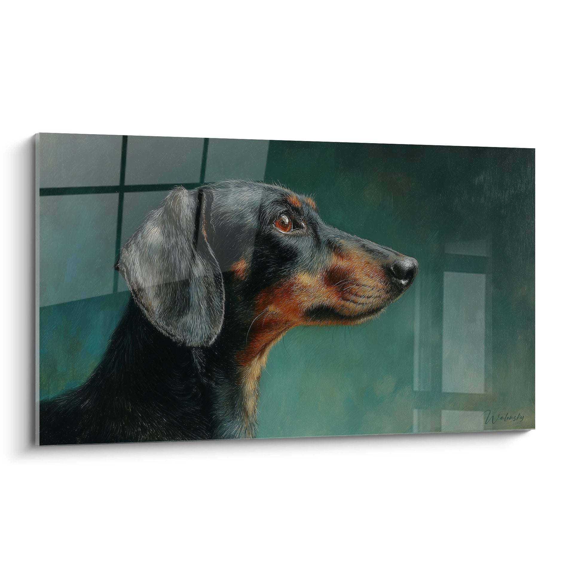 Tableau portrait teckel noir et feu regard melancolique fond turquoise style contemporain decoration murale