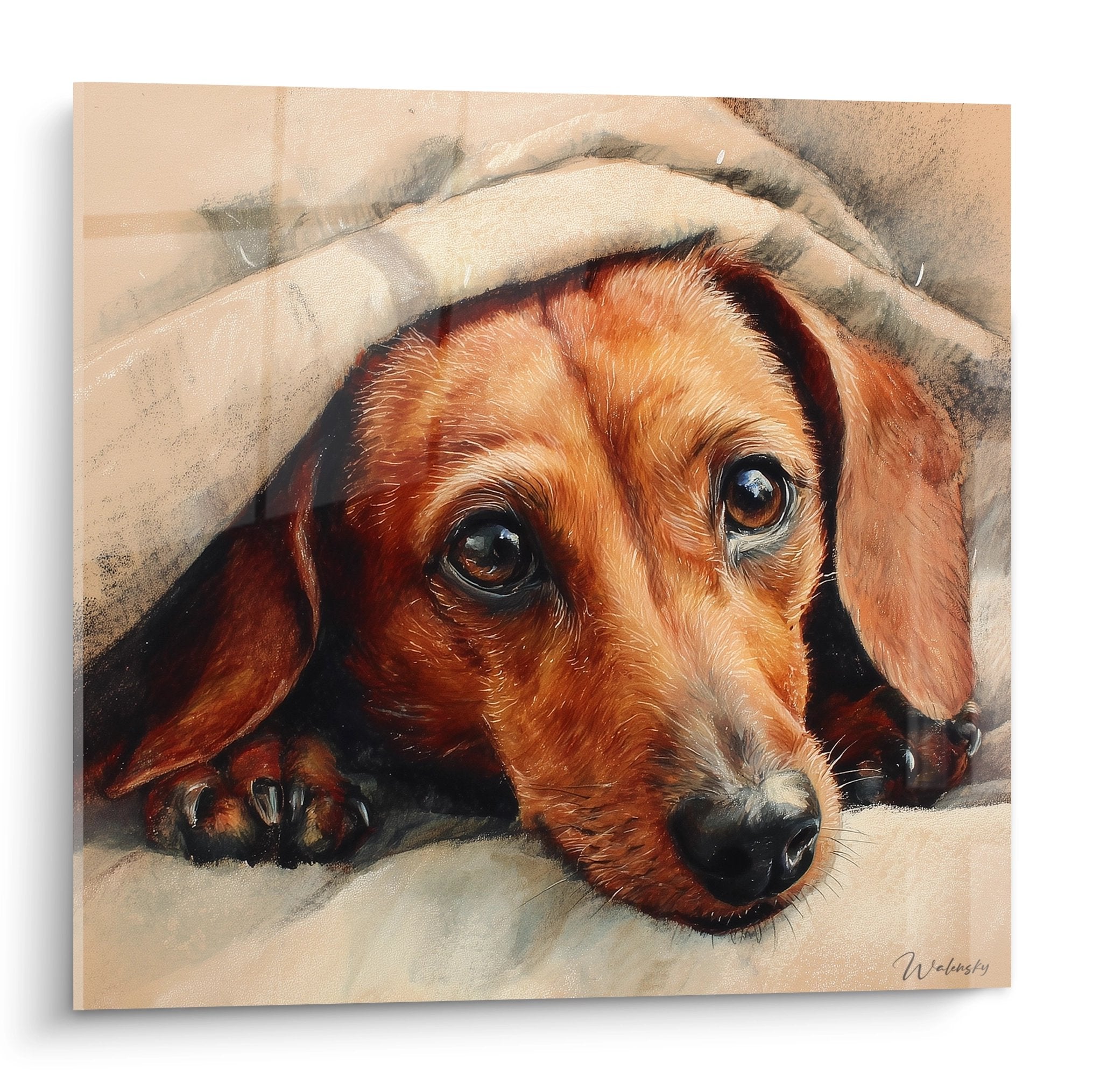 Brown dachshund painting with expressive eyes snuggled under beige blanket, realistic and touching canine portrait