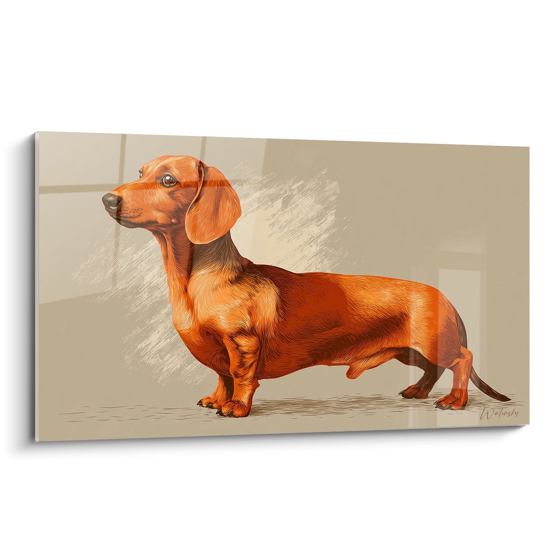 Tableau teckel roux portrait artistique chien elegant posture noble regard contemplatif tons cuivres chauds