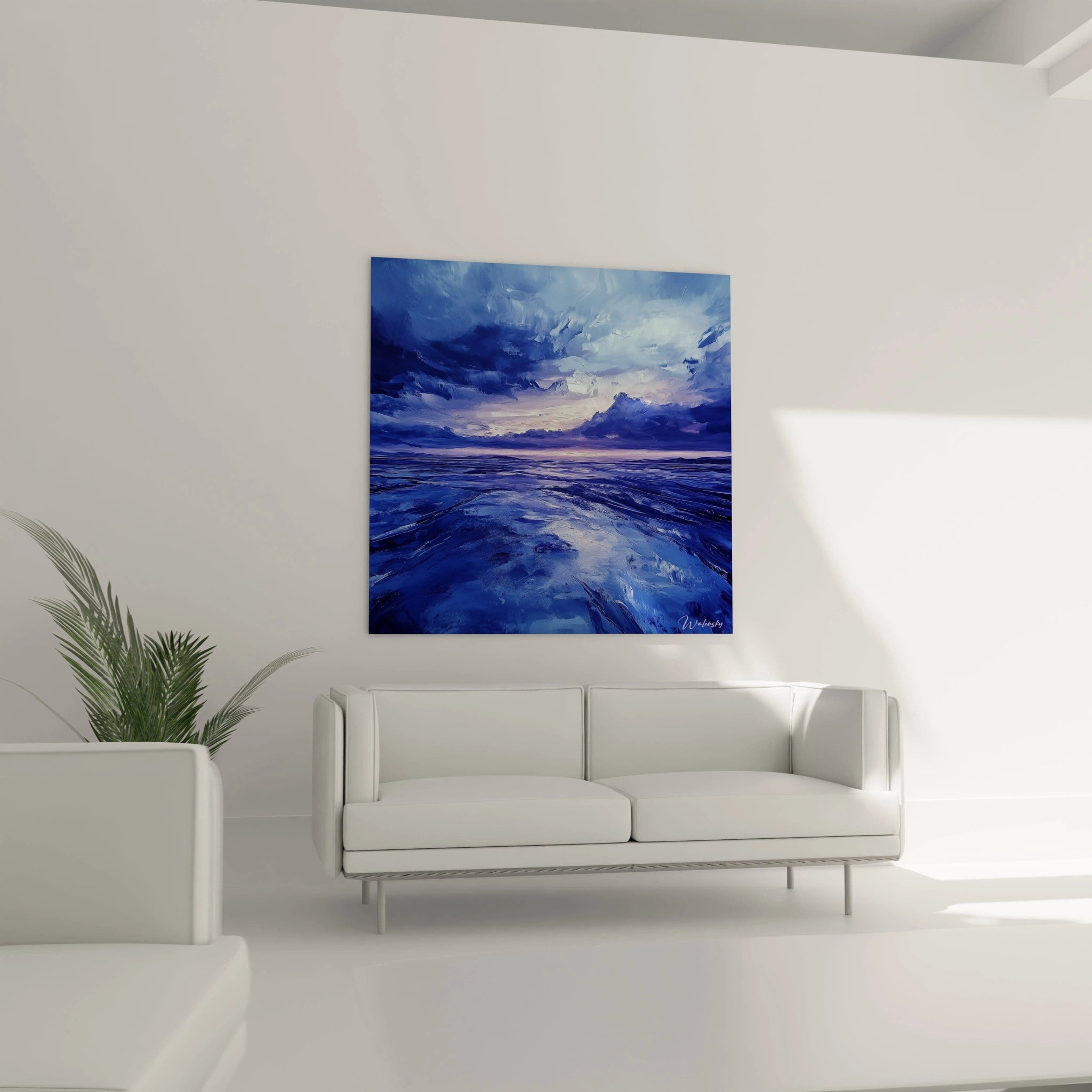 Un tableau mer aux couleurs profondes illustrant la rencontre entre l'océan et le ciel. Les différentes nuances de bleu marine s'entremêlent avec des empâtements texturés tandis qu'une lueur rosée perce à l'horizon, créant un contraste saisissant.