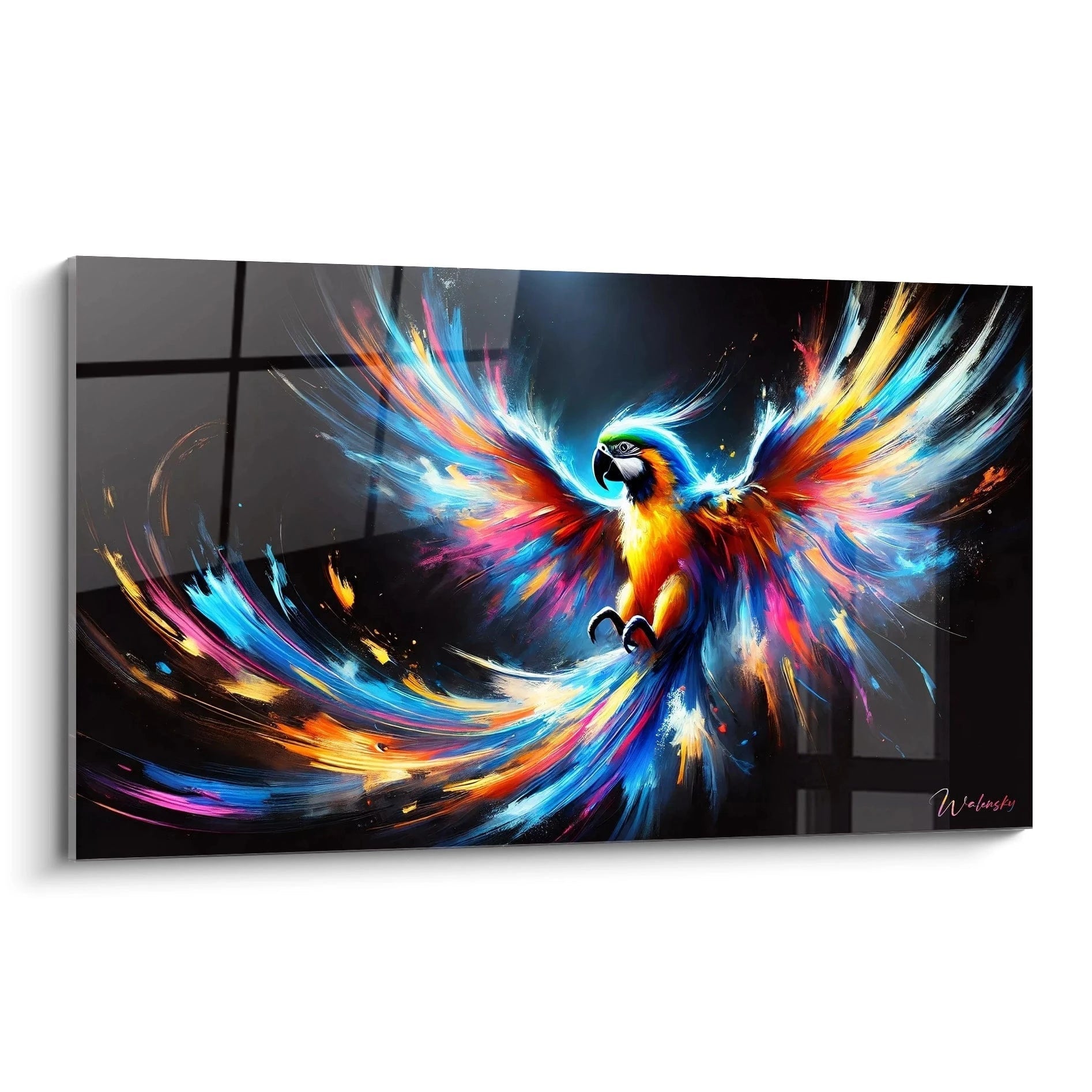 Découvrez le tableau perroquet en plein vol avec des couleurs éclatantes sur fond noir. Cette vue de biais révèle chaque détail vibrant et apporte une touche artistique unique à votre intérieur.