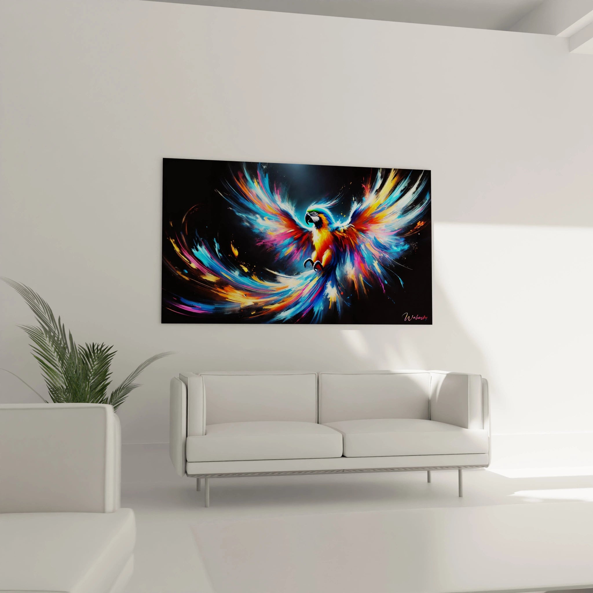 Ce tableau perroquet suspendu dans le salon au-dessus du canapé devient la pièce maîtresse, ses couleurs vives dynamisant l'espace et apportant une touche artistique contemporaine.