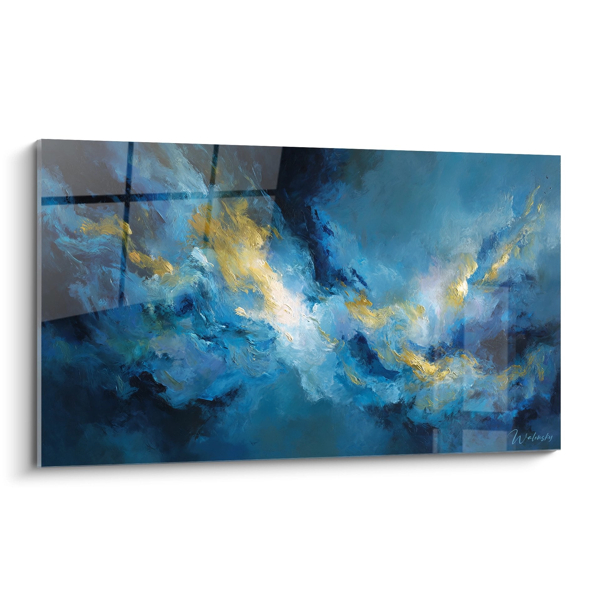 Tableau mural tempête marine abstraite moderne tons bleus et dorés pour décoration intérieure contemporaine