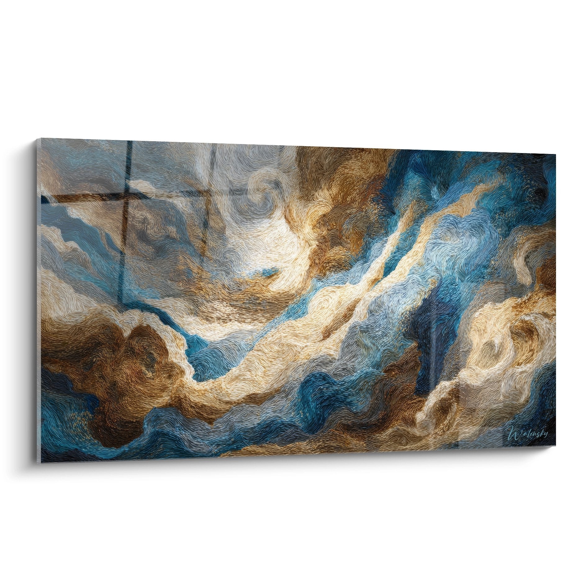 Tableau mural tempête marine abstraite avec tourbillons bleu bronze texture moderne