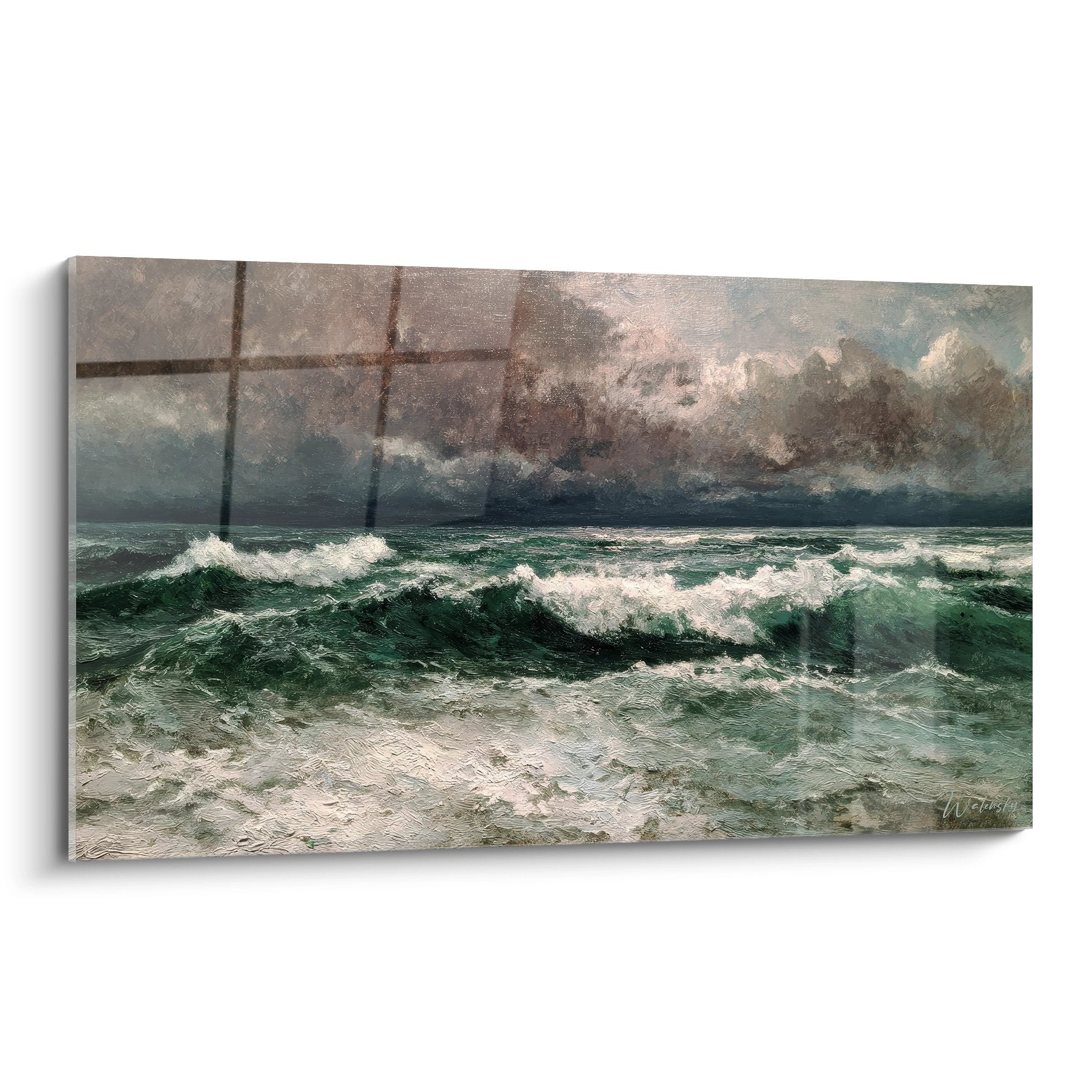 Tableau tempête en mer avec navire affrontant vagues écumantes et ciel orageux - décoration maritime