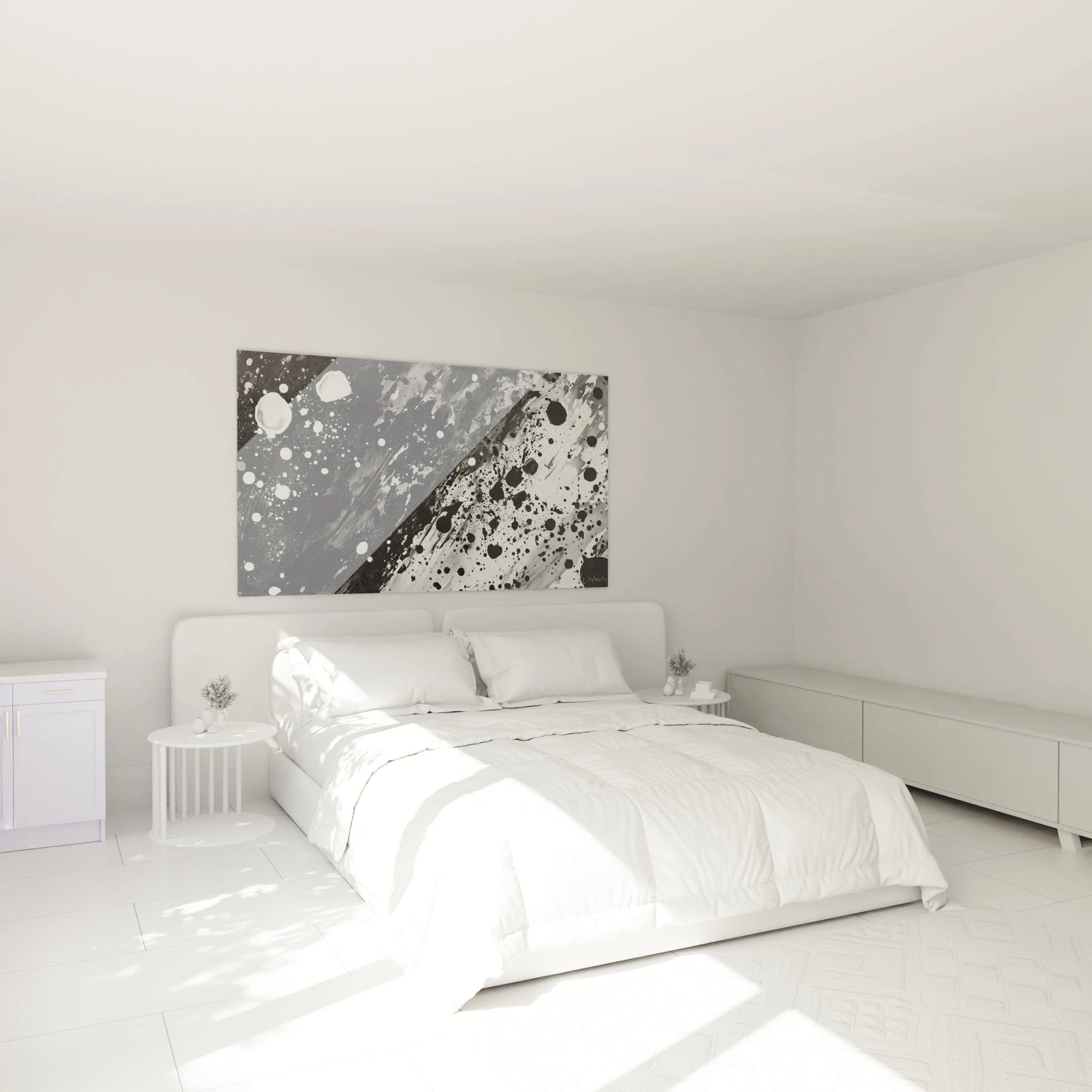 Tableau tacheté noir et blanc de Walensky accroché au mur d'une chambre moderne et lumineuse