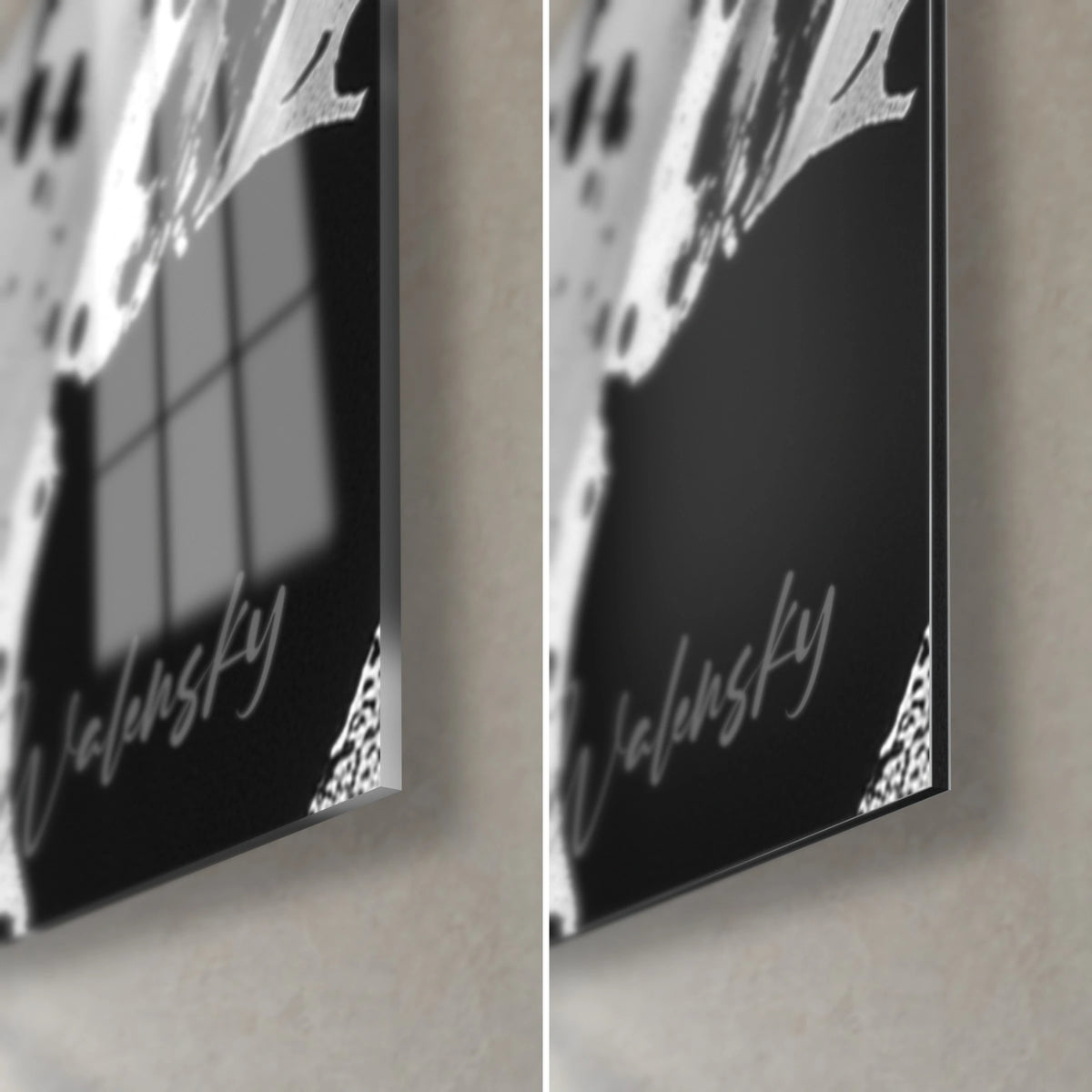 Schilderij nachtstorm, rechter onderhoek: glanzend acrylglas dat het raam weerspiegelt, mat zwart Dibond-aluminium, zilveren Walensky-handtekening