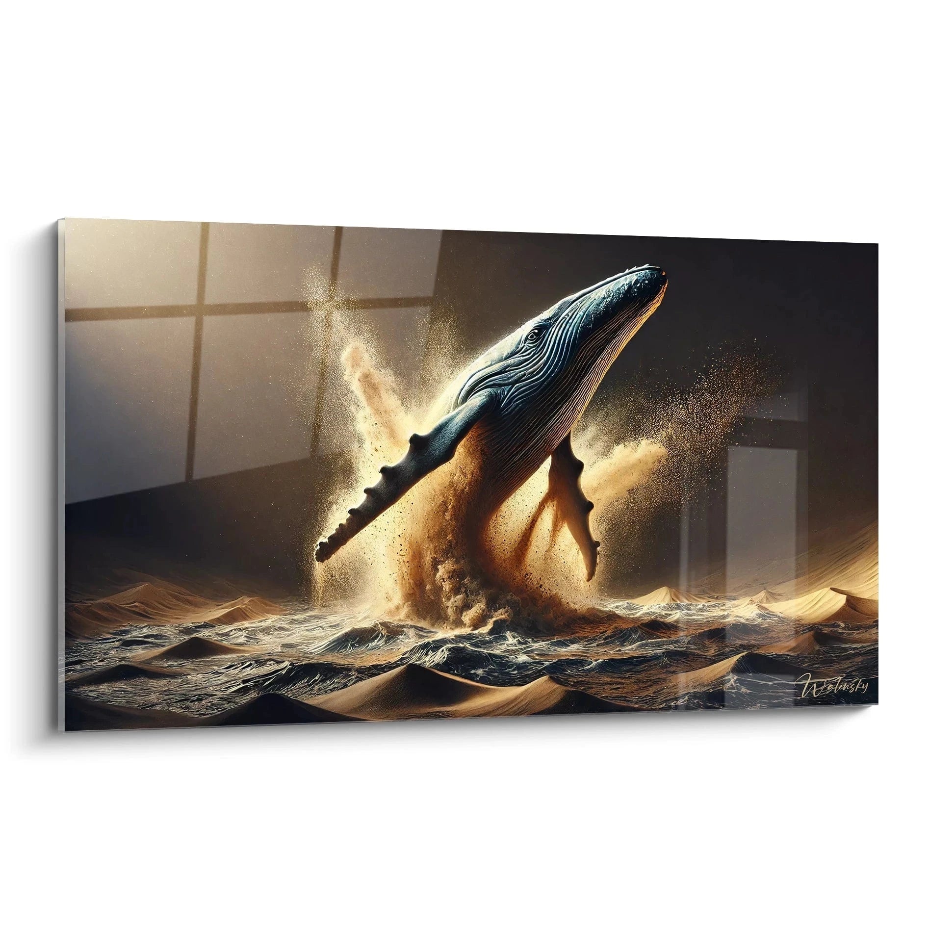 tableau baleine vu de biais dans des tons beige marine et bronze avec texture détaillée peau et éclats de sable fluides contraste majestueux et rêveur symbole de liberté et résilience