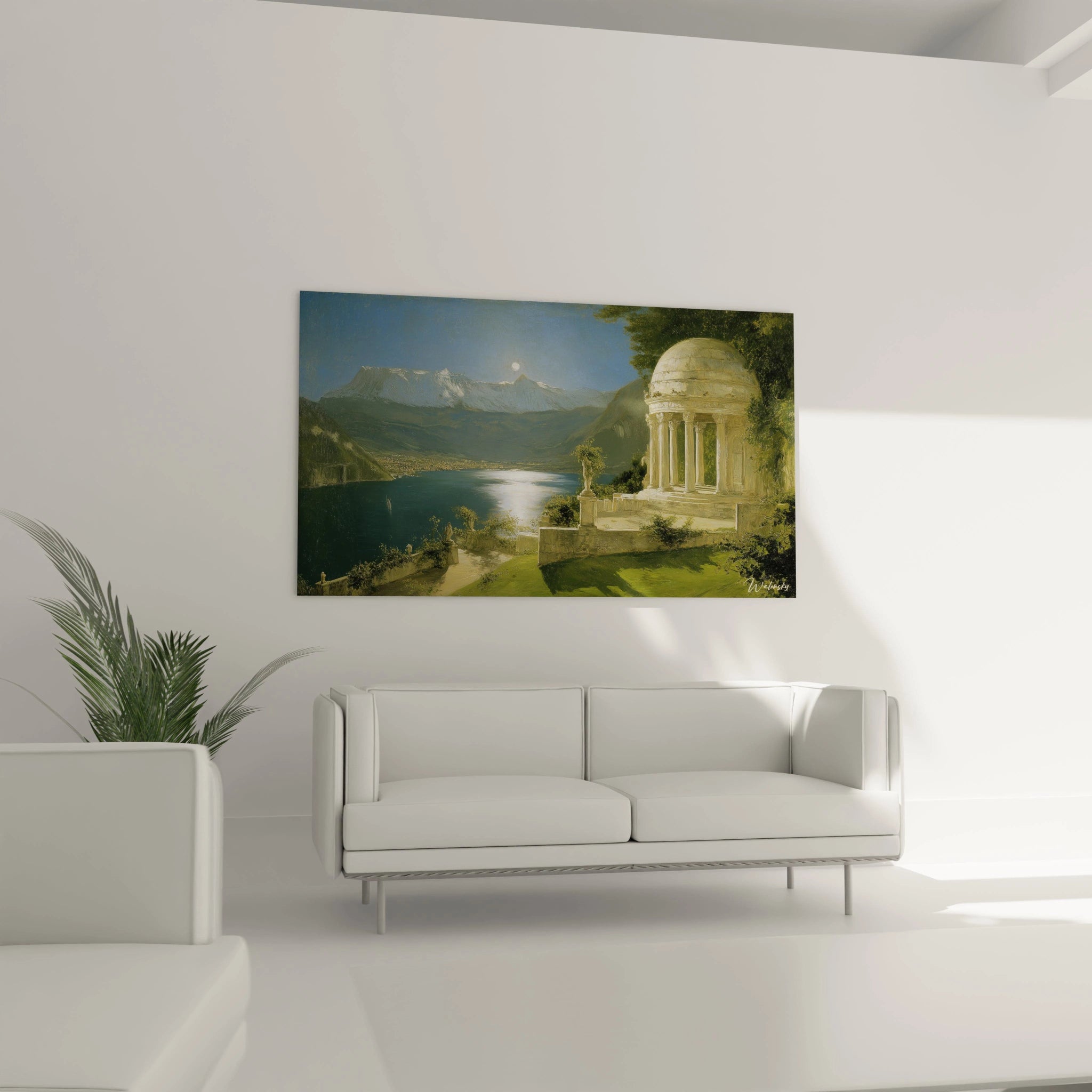 tableau temple antique clair de lune Walensky représentant un temple classique au bord du lac avec reflet lunaire
