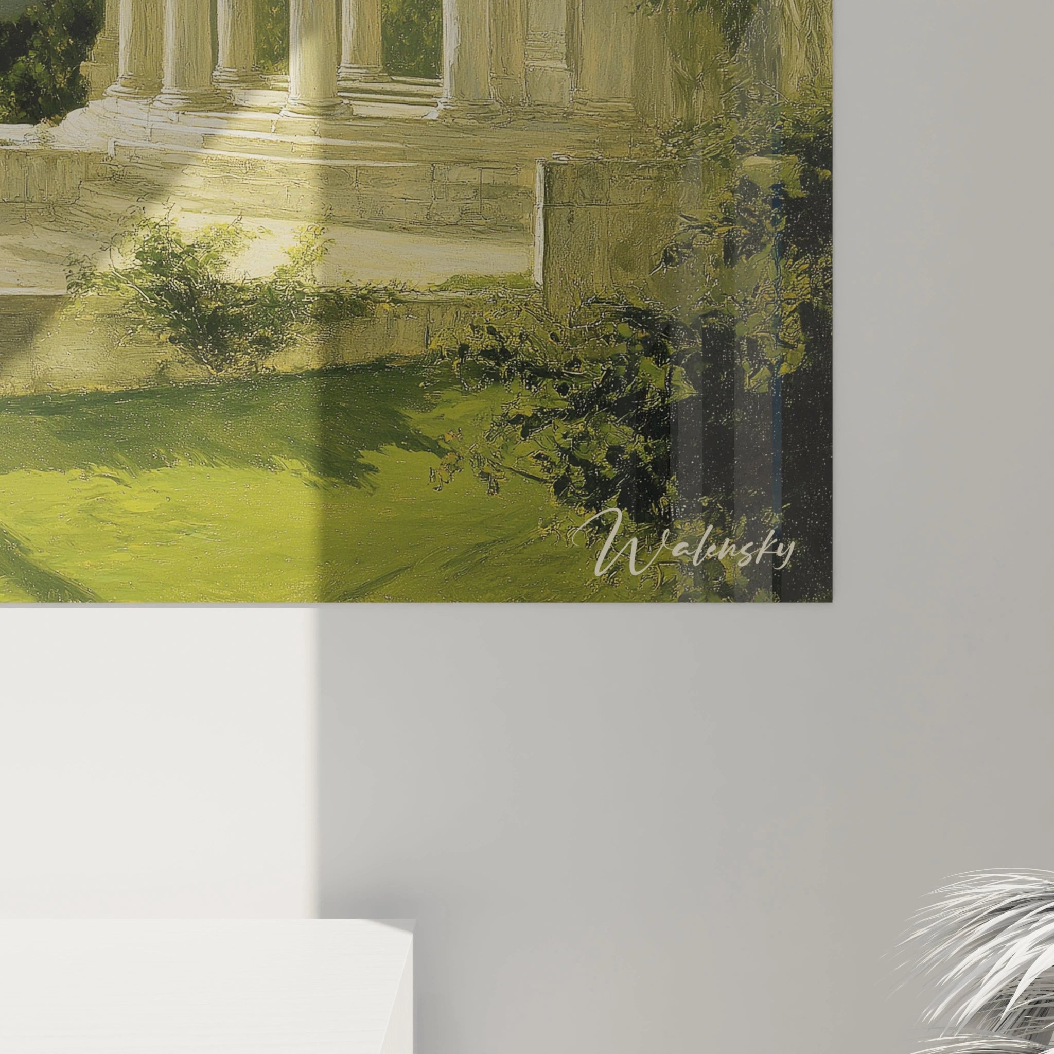 tableau temple antique clair de lune par Walensky peinture murale de temple classique a colonnes et pelouse verdoyante