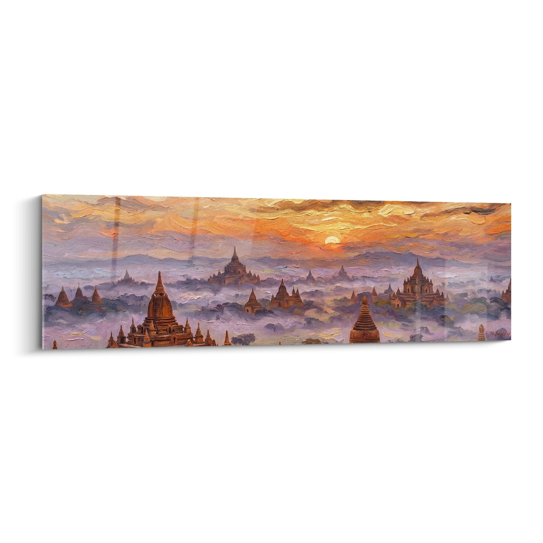 Tableau temples bouddhistes au coucher de soleil avec ciel orange violet et brume mystique sur paysage panoramique