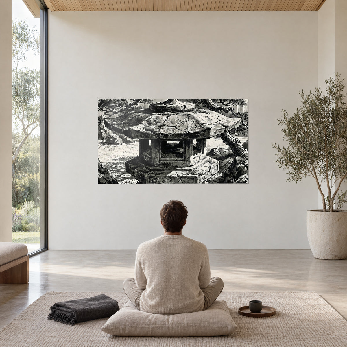 Quadro lanterna di tempio buddhista a inchiostro, nero intenso e bianco avorio, pino inclinato, persona seduta su un cuscino da meditazione