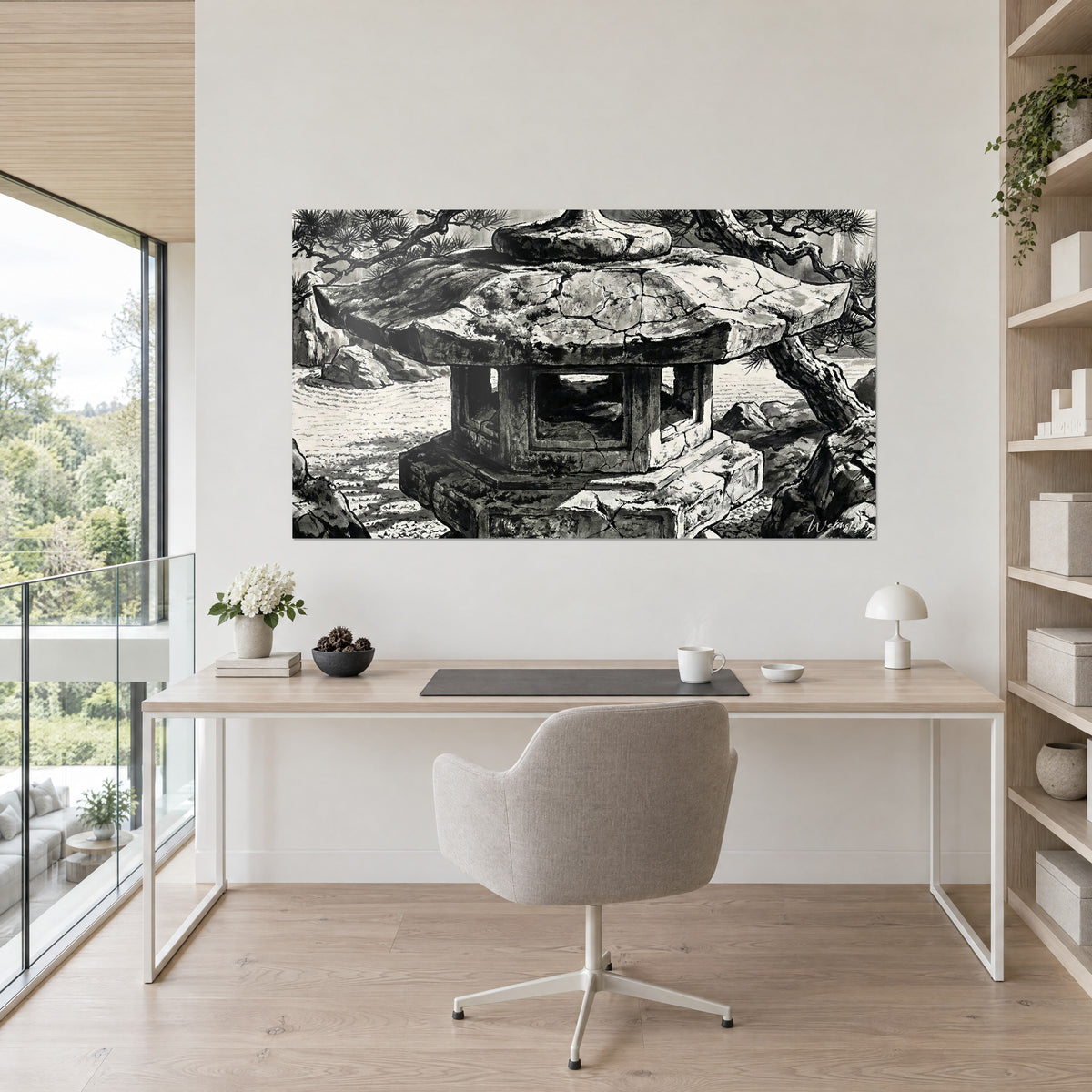 Quadro pagoda miniatura di granito screpolato, grigio ardesia e bianco carta, rocce sullo sfondo, scrivania in legno e poltrona beige
